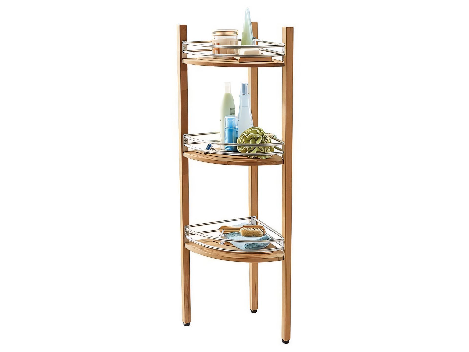 3-Tier Teak Corner Shelf Caddy with Stainless Steel Accents