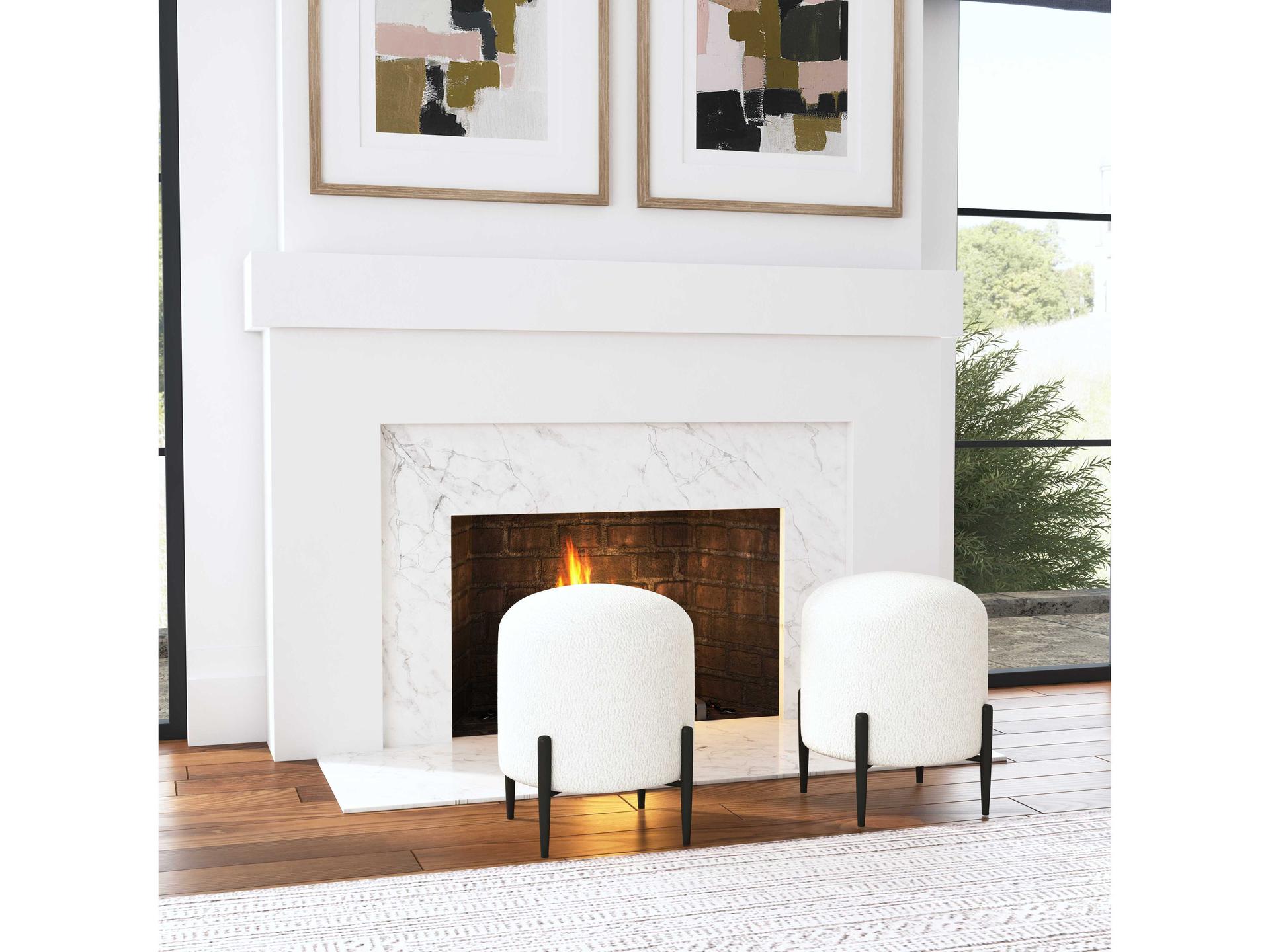 Arles White Faux Shearling Ottoman with Satin Black Metal Legs