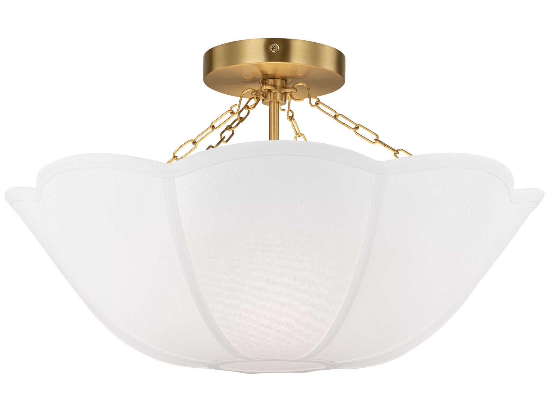 Stassi 2-Light Semi-Flush Mount with White Linen Shade in Burnished Brass
