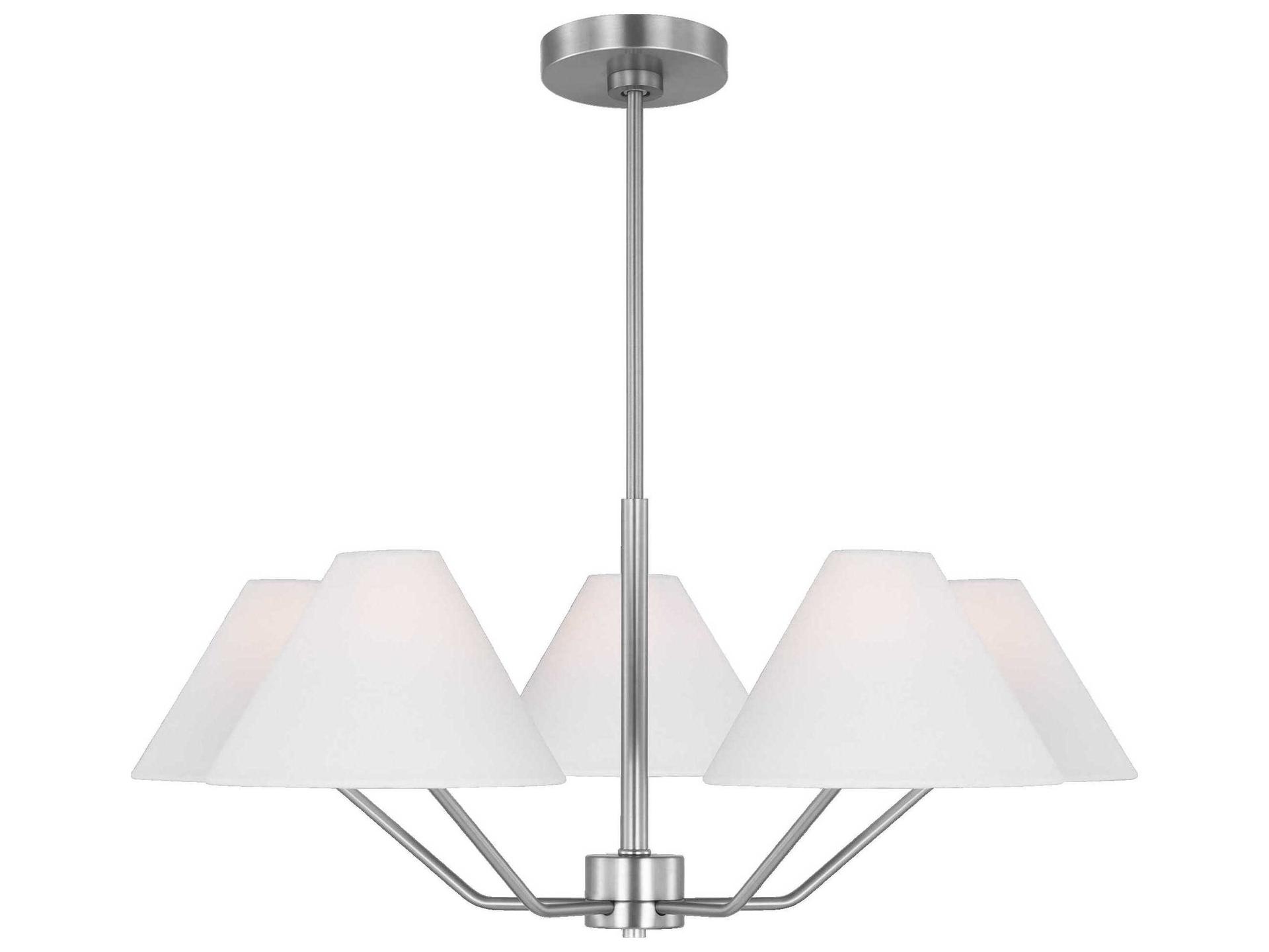 5-Light Burke Chandelier in Brushed Steel with White Linen Shade