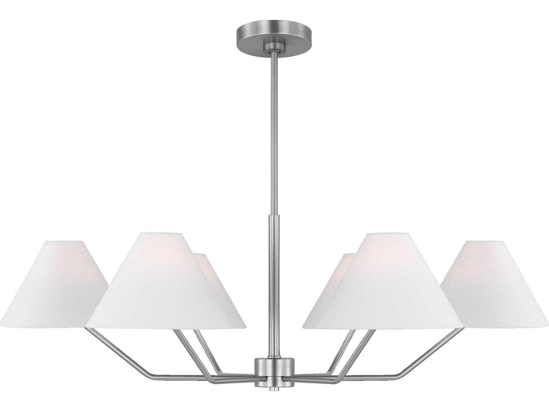 Burke 6-Light Large Chandelier in Brushed Steel with White Linen Shades