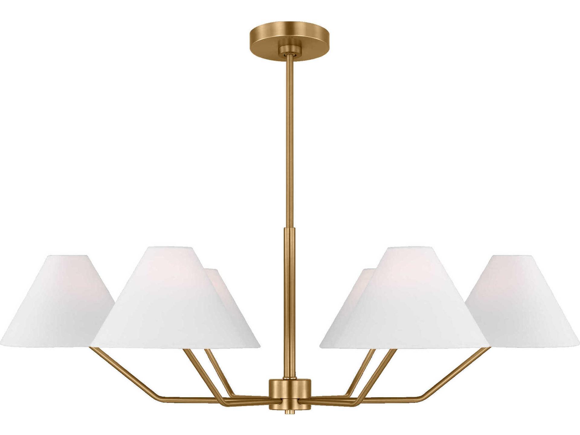 6-Light Burke Chandelier in Satin Brass with White Linen Shades