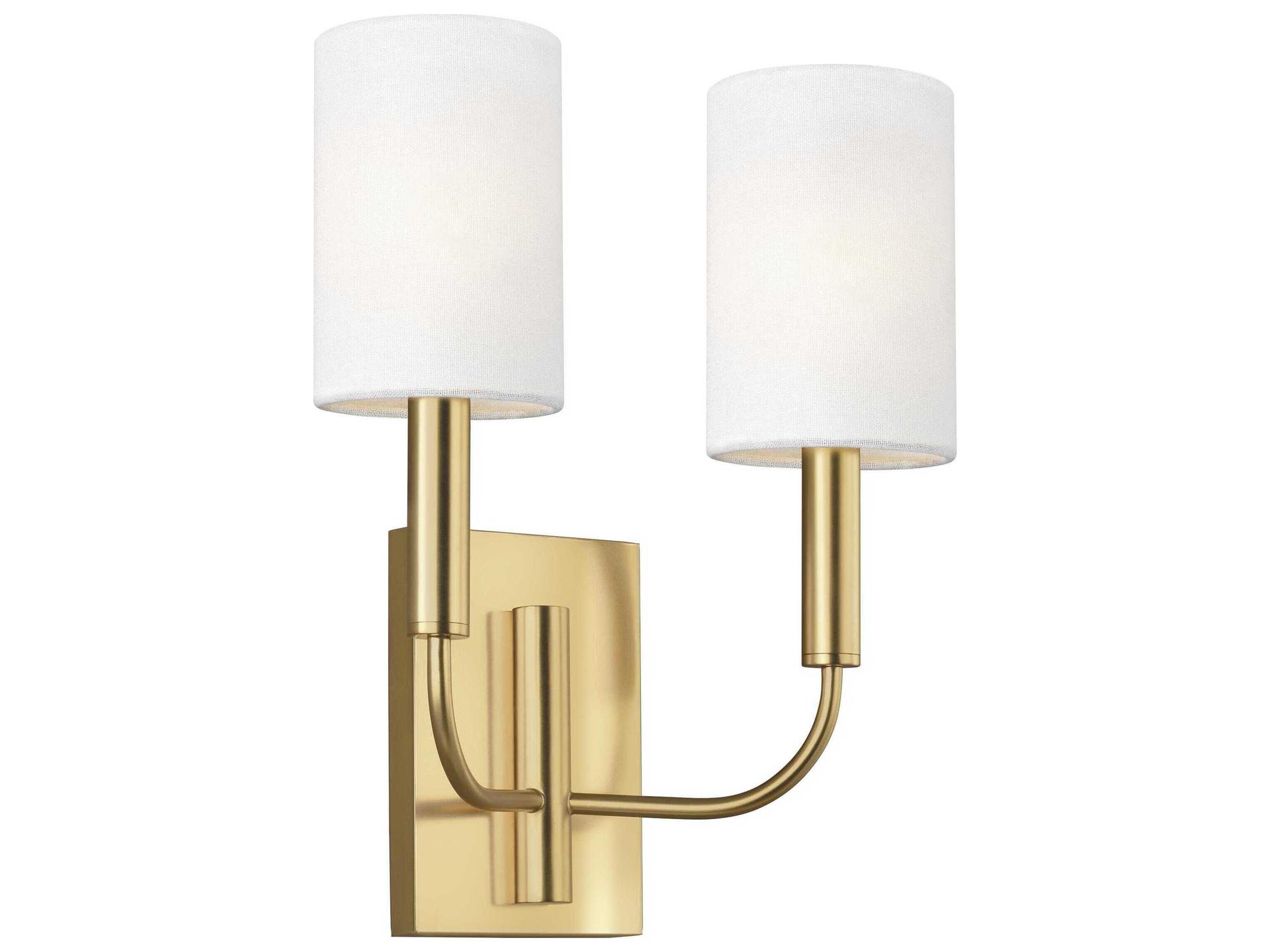 Brianna 2-Light Wall Sconce with White Linen Shades in Burnished Brass