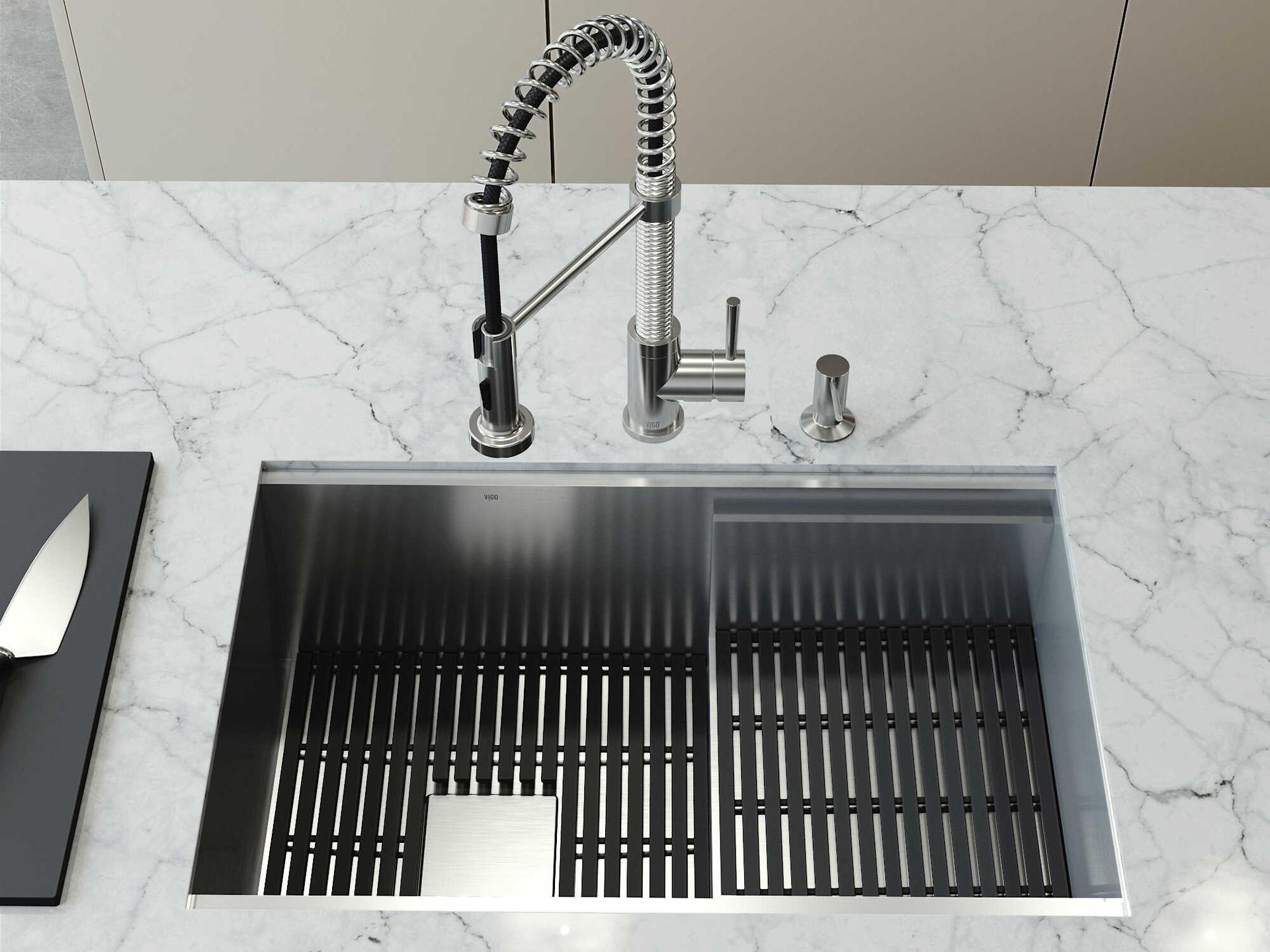 Vigo Hampton Stainless Steel Single Bowl Undermount Utility Tier Workstation Kitchen Sink with Faucet and Accessories