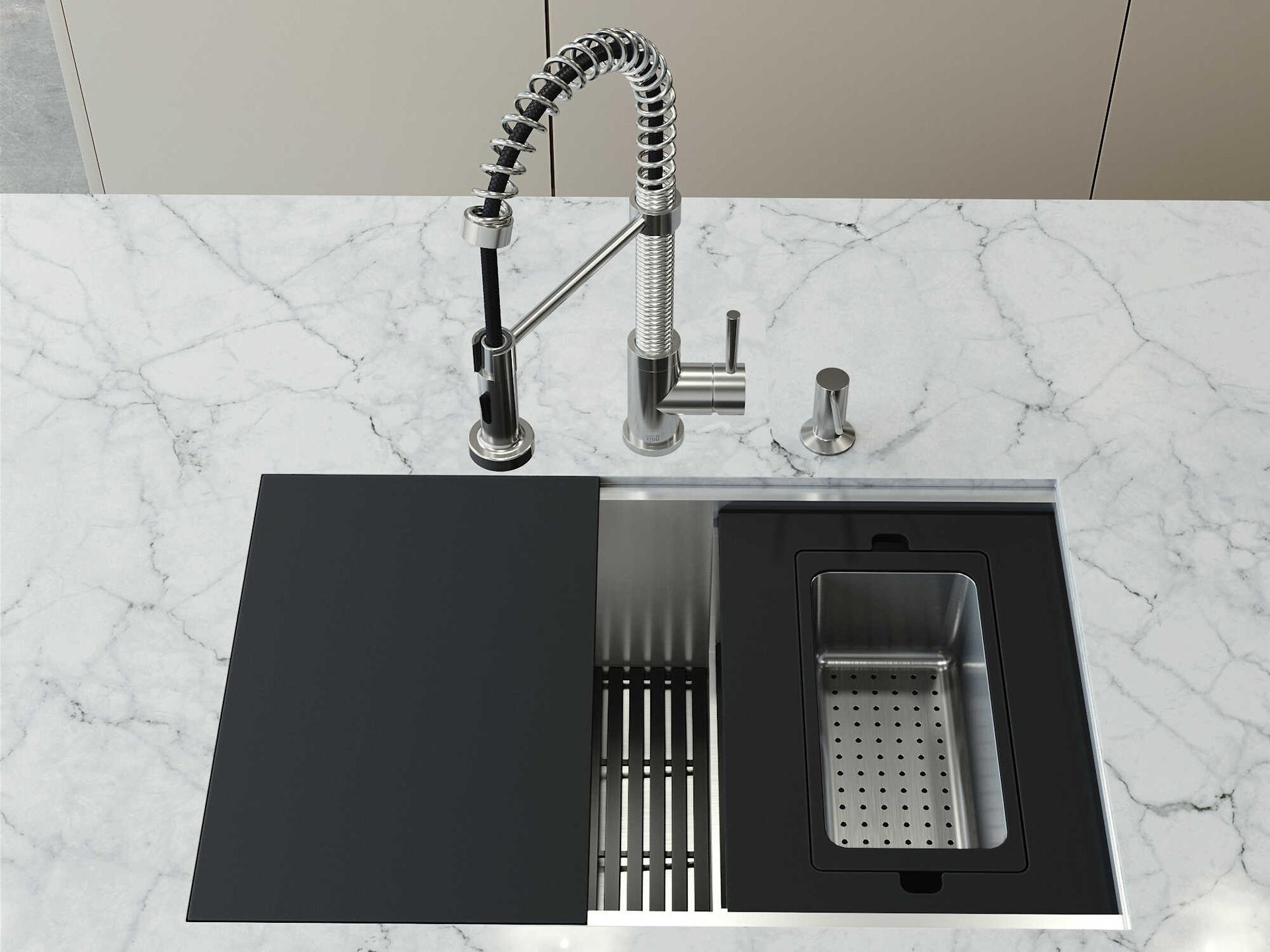 Vigo Hampton Stainless Steel Single Bowl Undermount Utility Tier Workstation Kitchen Sink with Faucet and Accessories