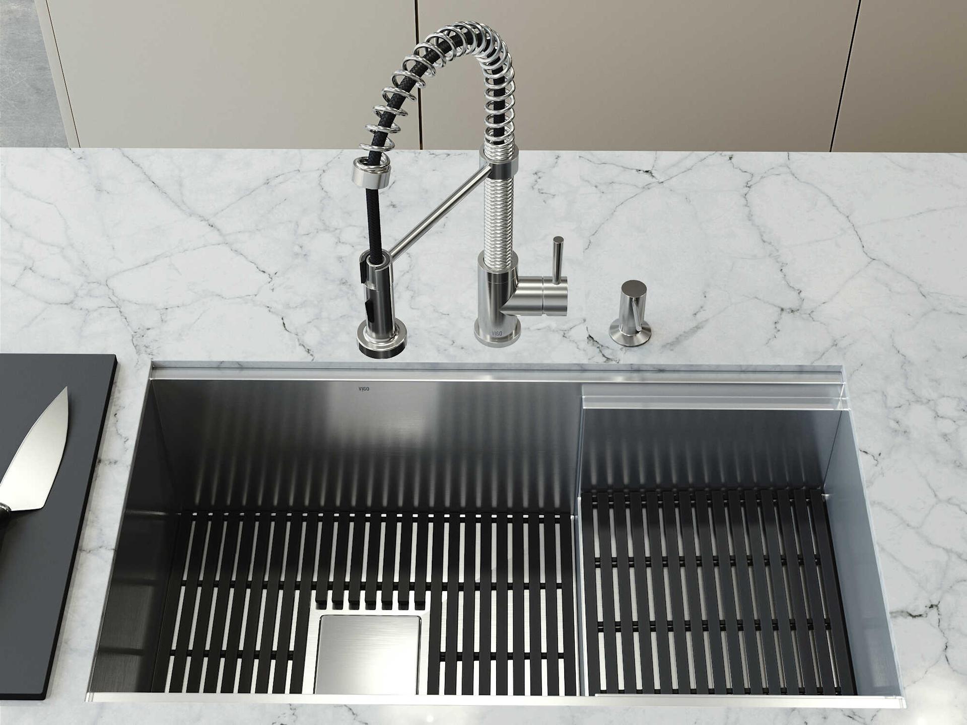 Vigo Hampton Stainless Steel Single Bowl Undermount Utility Tier Workstation Kitchen Sink with Faucet and Accessories