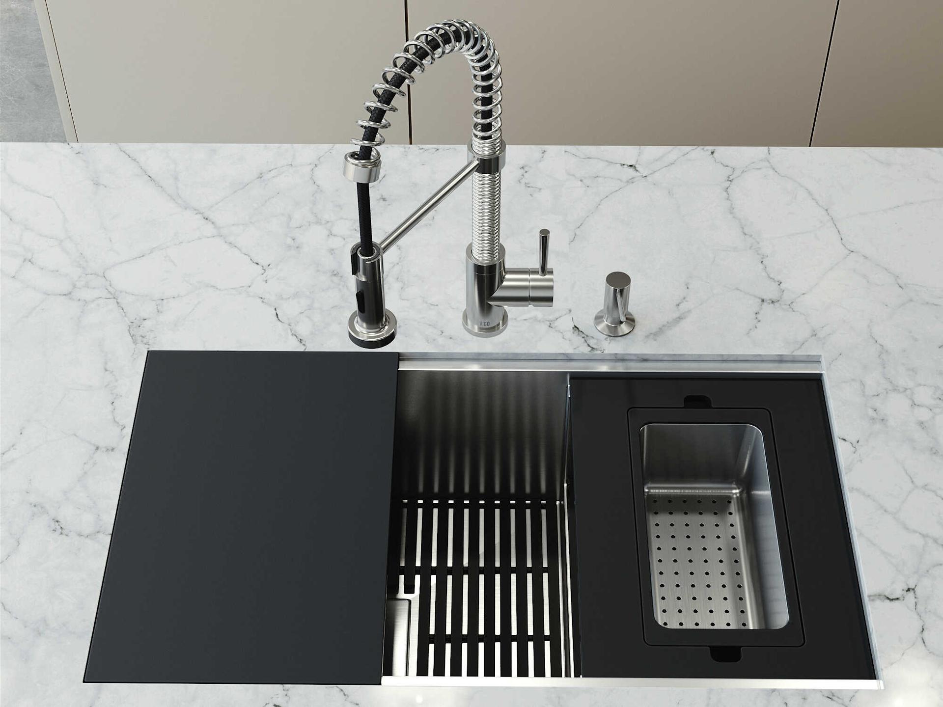 Vigo Hampton Stainless Steel Single Bowl Undermount Utility Tier Workstation Kitchen Sink with Faucet and Accessories