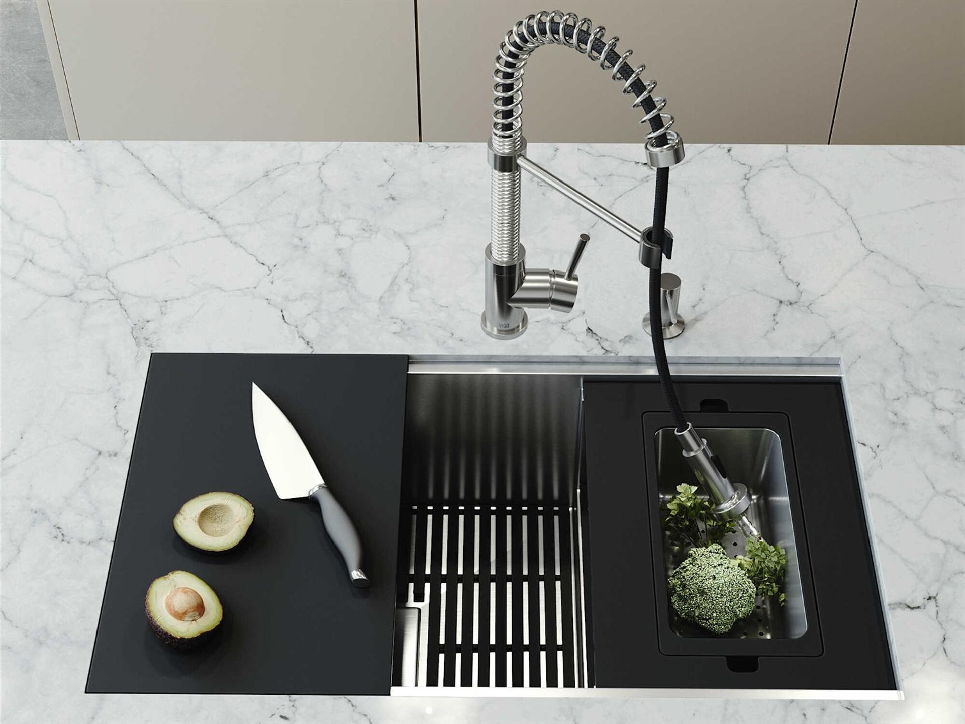 Vigo Hampton Stainless Steel Single Bowl Undermount Utility Tier Workstation Kitchen Sink with Faucet and Accessories