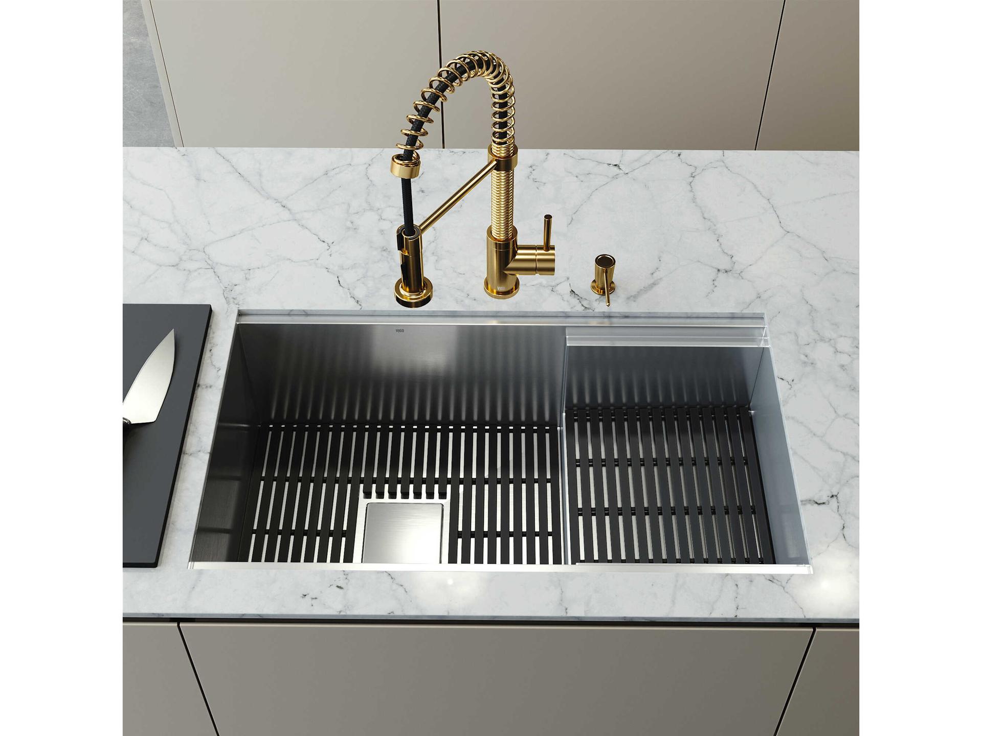 Vigo Hampton Stainless Steel Single Bowl Undermount Workstation Kitchen Sink with Matte Gold Faucet and Accessories