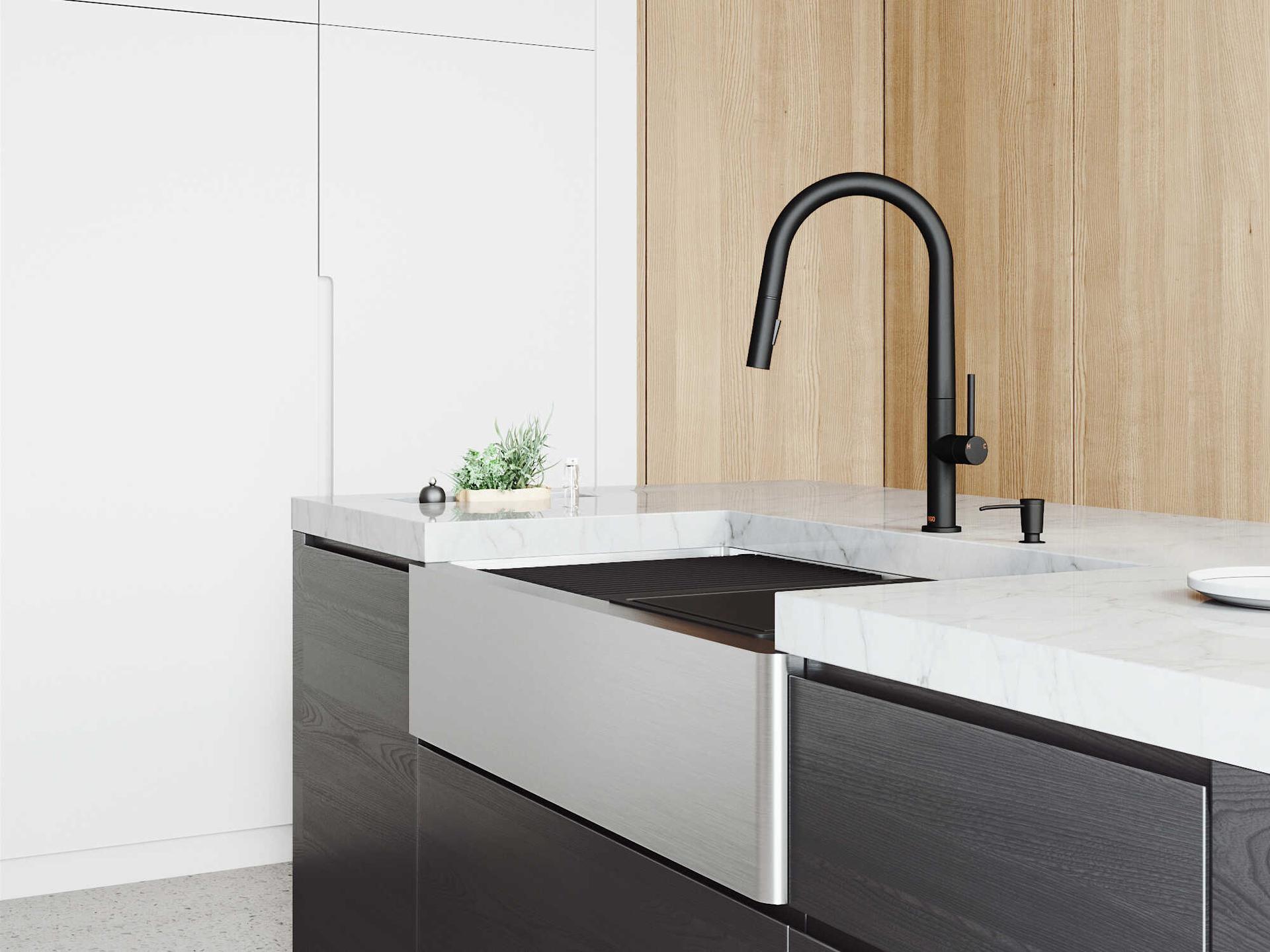 Vigo Oxford Stainless Steel 36" Rectangular Single-Bowl Undermount Flat-Front Farmhouse Kitchen Sink with Matte Black Pull-Down Sprayer Greenwich Faucet and Soap Dispenser