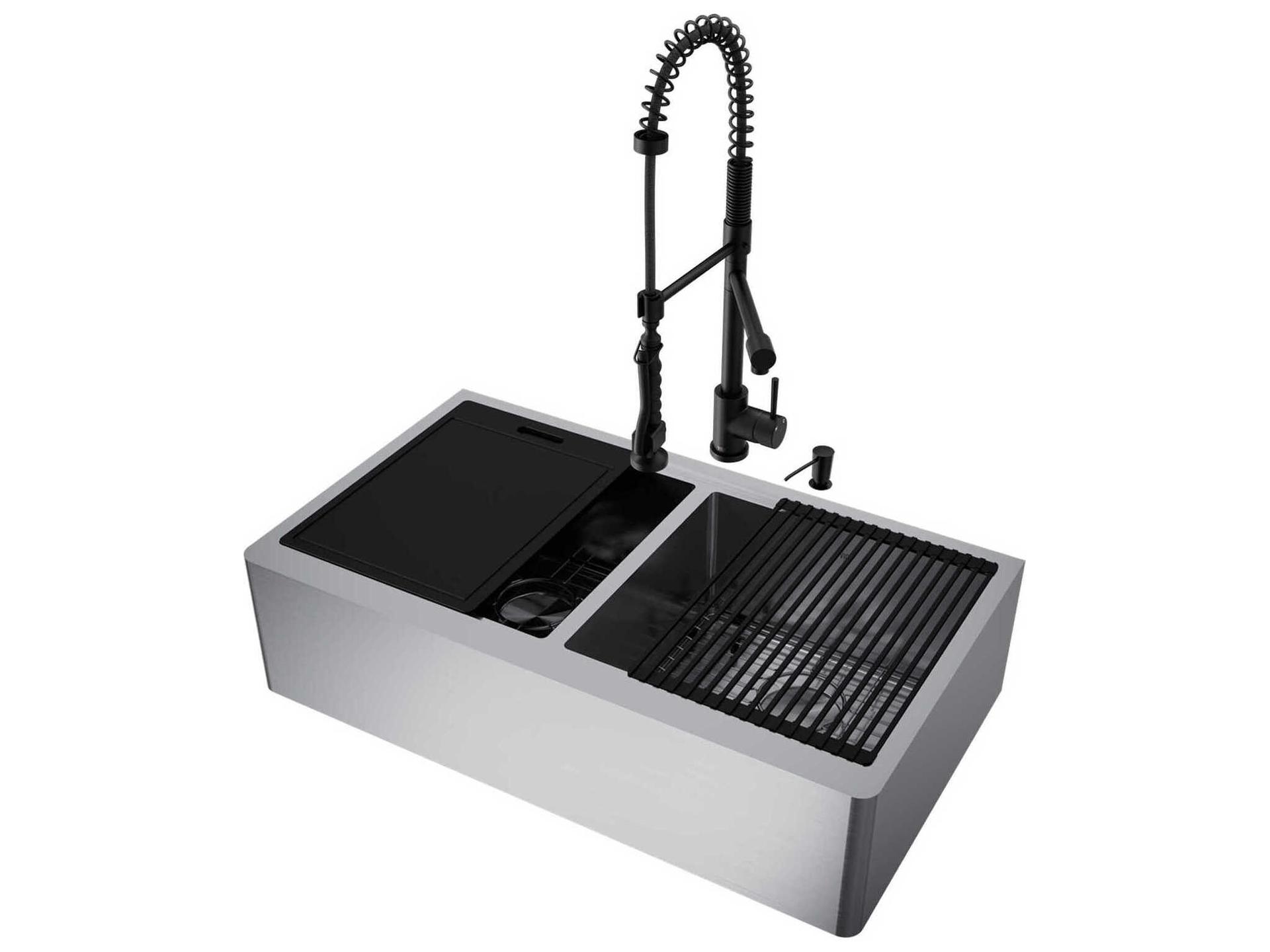 Vigo Oxford Stainless Steel 36" Rectangular Double-Bowl Undermount Flat-Front Farmhouse Kitchen Sink with Matte Black Pull-Down Sprayer Zurich Faucet and Soap Dispenser