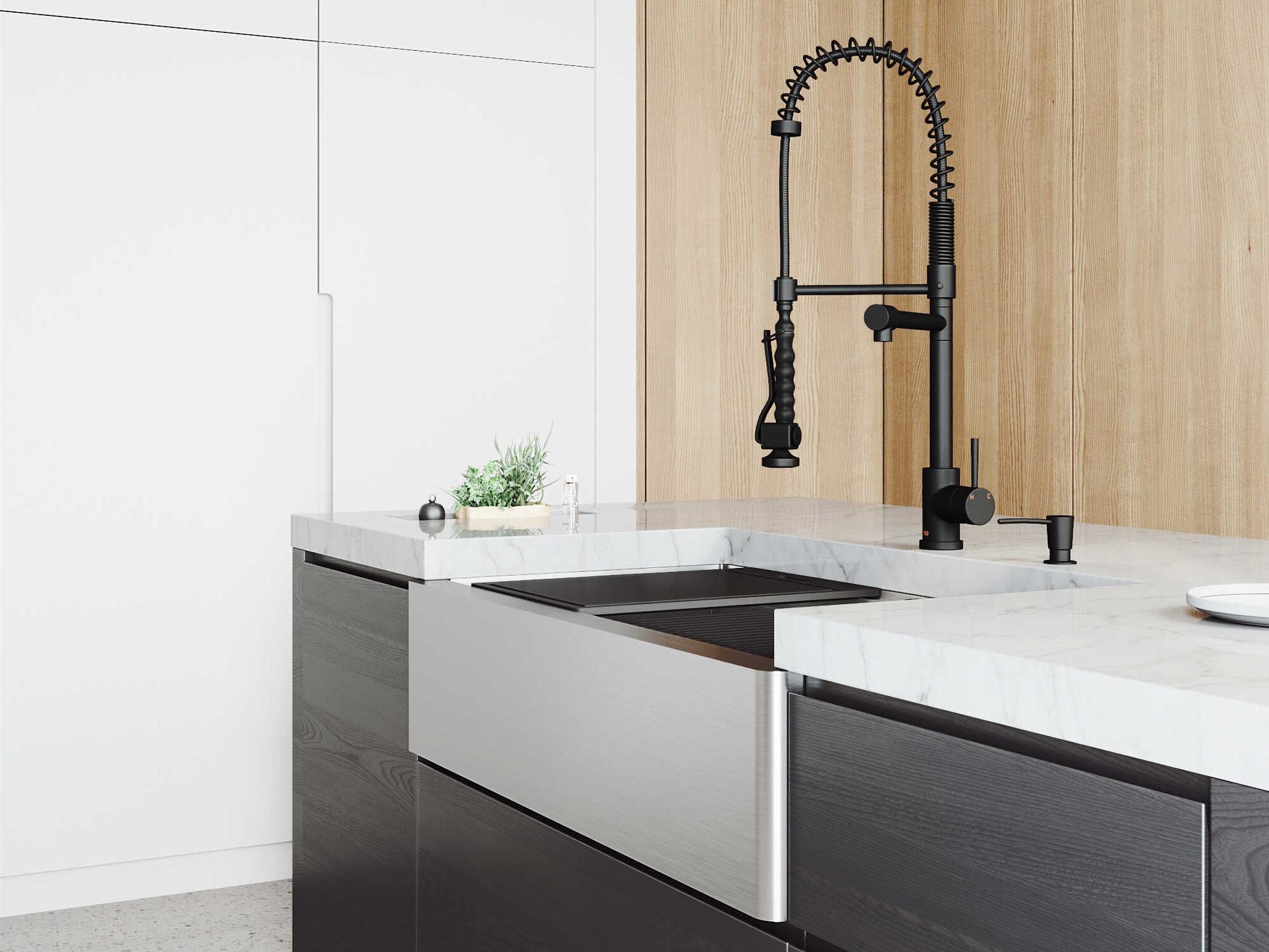 Vigo Oxford Stainless Steel 36" Rectangular Double-Bowl Undermount Flat-Front Farmhouse Kitchen Sink with Matte Black Pull-Down Sprayer Zurich Faucet and Soap Dispenser