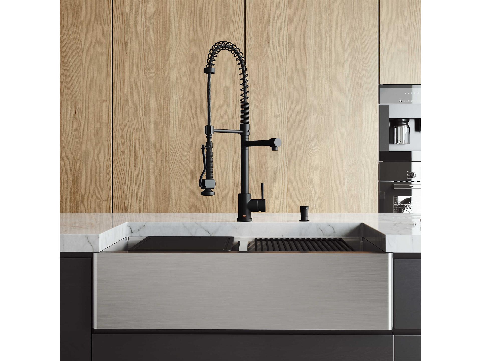 Vigo Oxford Stainless Steel 36" Rectangular Double-Bowl Undermount Flat-Front Farmhouse Kitchen Sink with Matte Black Pull-Down Sprayer Zurich Faucet and Soap Dispenser
