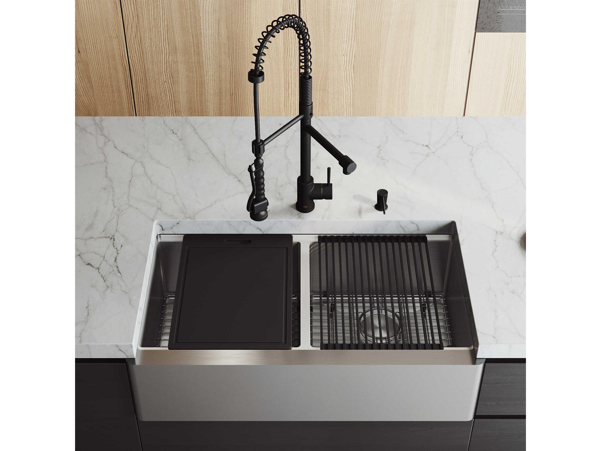 Vigo Oxford Stainless Steel 36" Rectangular Double-Bowl Undermount Flat-Front Farmhouse Kitchen Sink with Matte Black Pull-Down Sprayer Zurich Faucet and Soap Dispenser