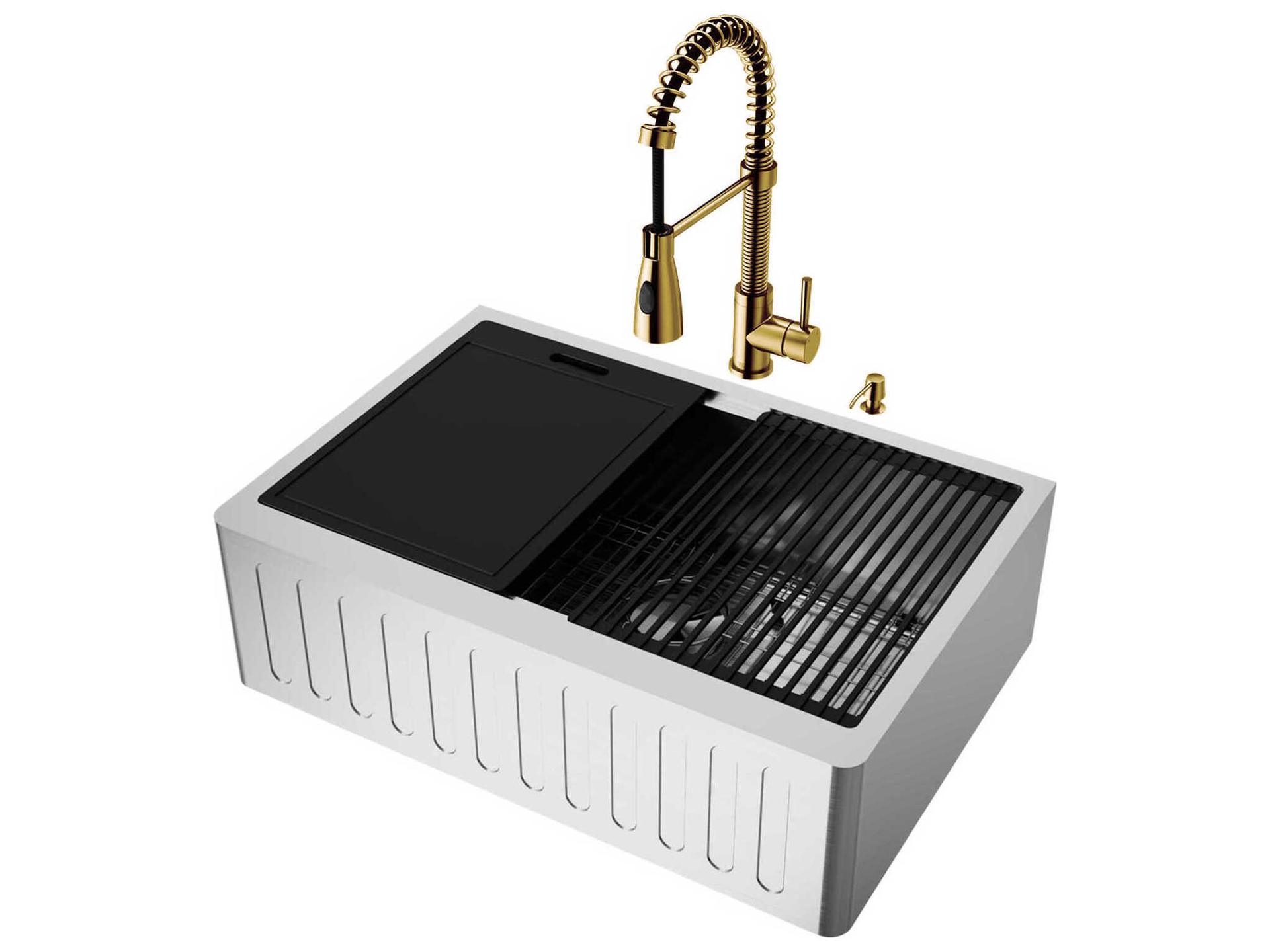 Vigo Oxford Stainless Steel 30" Rectangular Single-Bowl Undermount Slotted-Front Farmhouse Kitchen Sink with Matte Gold Pull-Down Sprayer Brant Faucet, Soap Dispenser and Grid