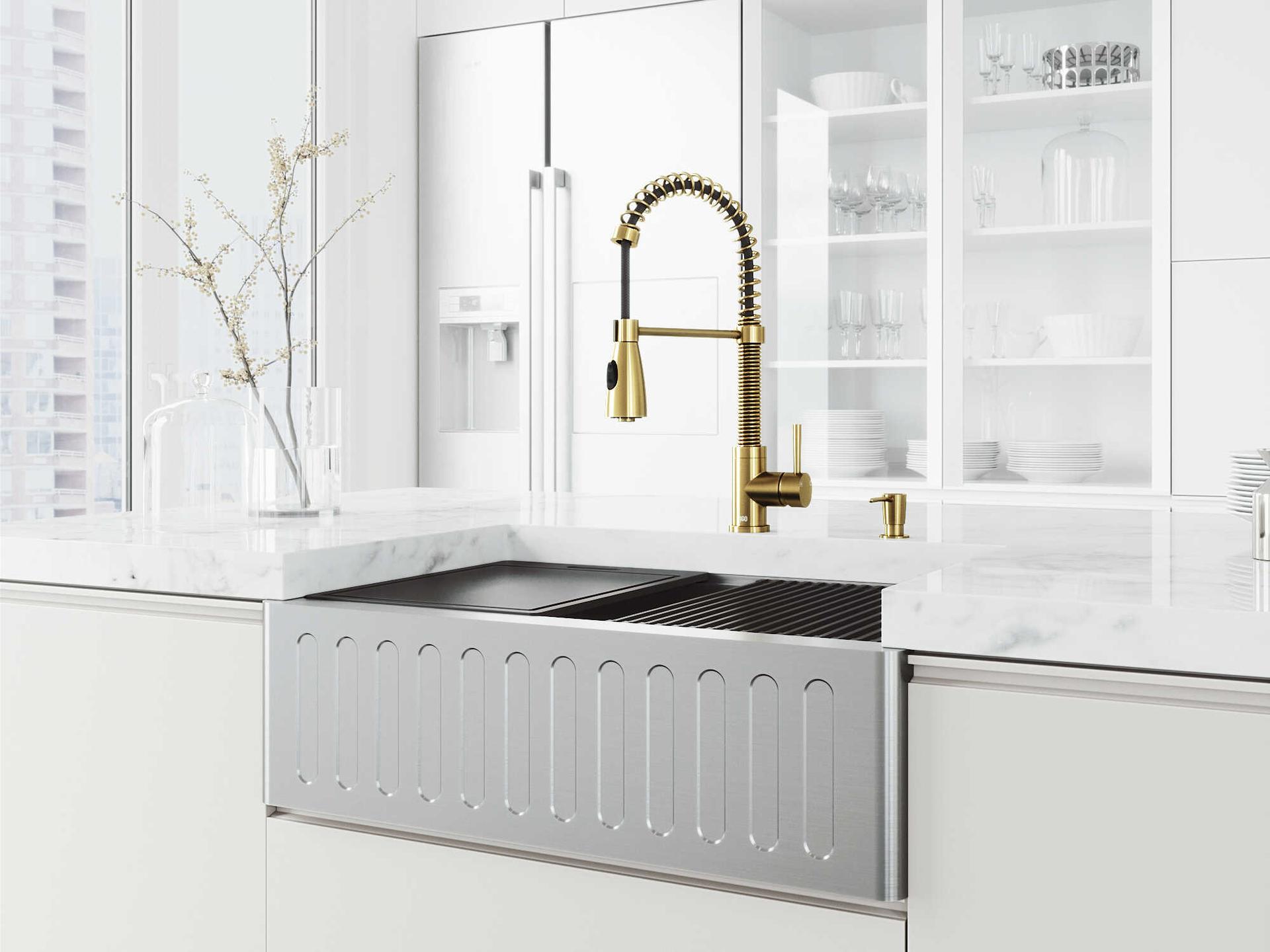Vigo Oxford Stainless Steel 30" Rectangular Single-Bowl Undermount Slotted-Front Farmhouse Kitchen Sink with Matte Gold Pull-Down Sprayer Brant Faucet, Soap Dispenser and Grid