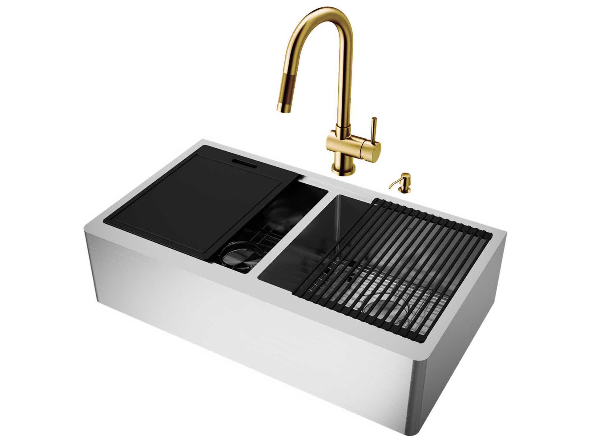 Vigo Oxford Stainless Steel 36" Rectangular Double-Bowl Undermount Flat-Front Farmhouse Kitchen Sink with Matte Gold Pull-Down Sprayer Gramercy Faucet, Soap Dispenser and Grids
