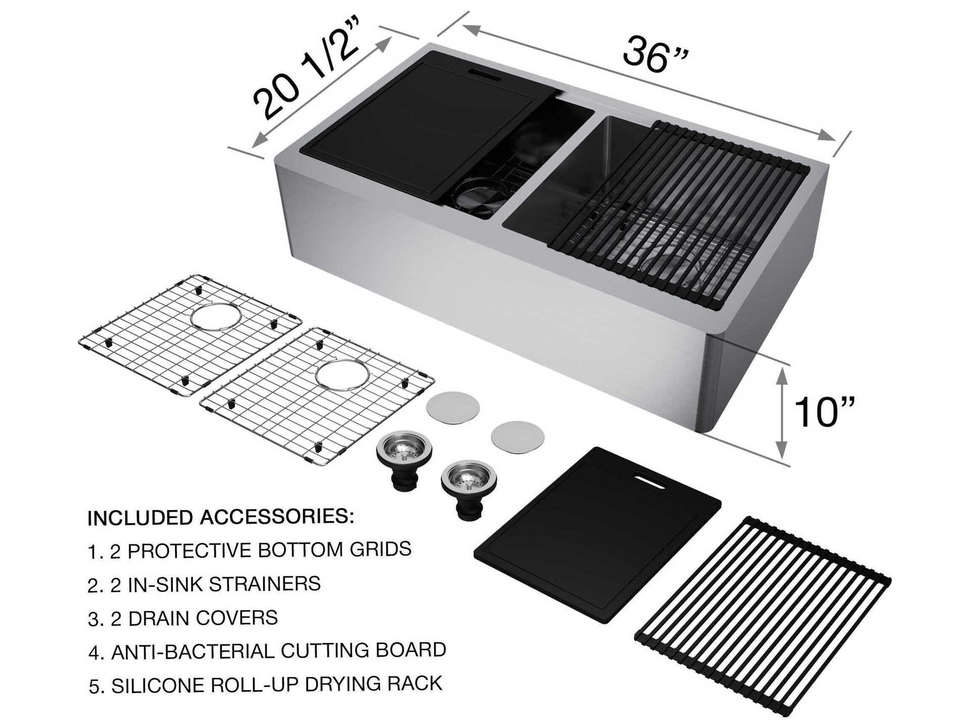 Vigo Oxford Stainless Steel 36" Rectangular Double-Bowl Undermount Flat-Front Farmhouse Kitchen Sink with Matte Gold Pull-Down Sprayer Gramercy Faucet, Soap Dispenser and Grids