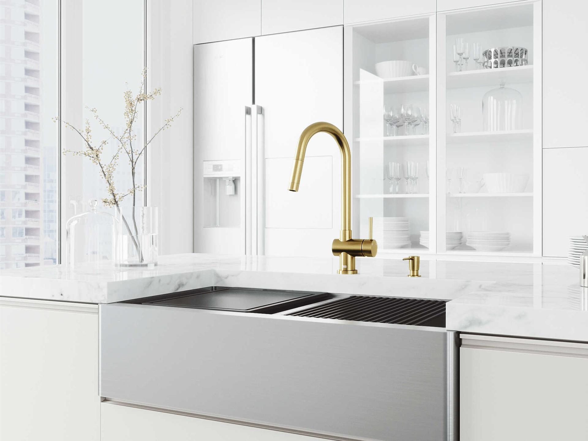 Vigo Oxford Stainless Steel 36" Rectangular Double-Bowl Undermount Flat-Front Farmhouse Kitchen Sink with Matte Gold Pull-Down Sprayer Gramercy Faucet, Soap Dispenser and Grids