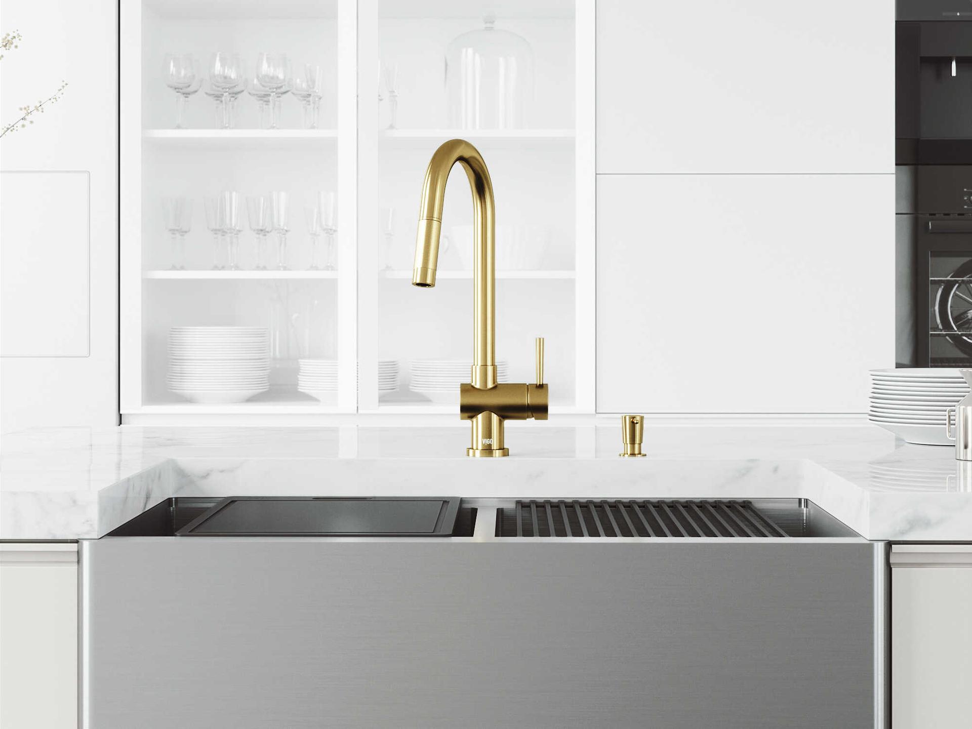 Vigo Oxford Stainless Steel 36" Rectangular Double-Bowl Undermount Flat-Front Farmhouse Kitchen Sink with Matte Gold Pull-Down Sprayer Gramercy Faucet, Soap Dispenser and Grids