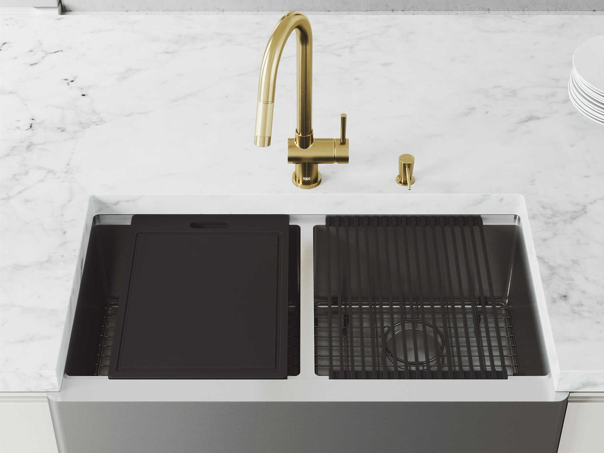 Vigo Oxford Stainless Steel 36" Rectangular Double-Bowl Undermount Flat-Front Farmhouse Kitchen Sink with Matte Gold Pull-Down Sprayer Gramercy Faucet, Soap Dispenser and Grids
