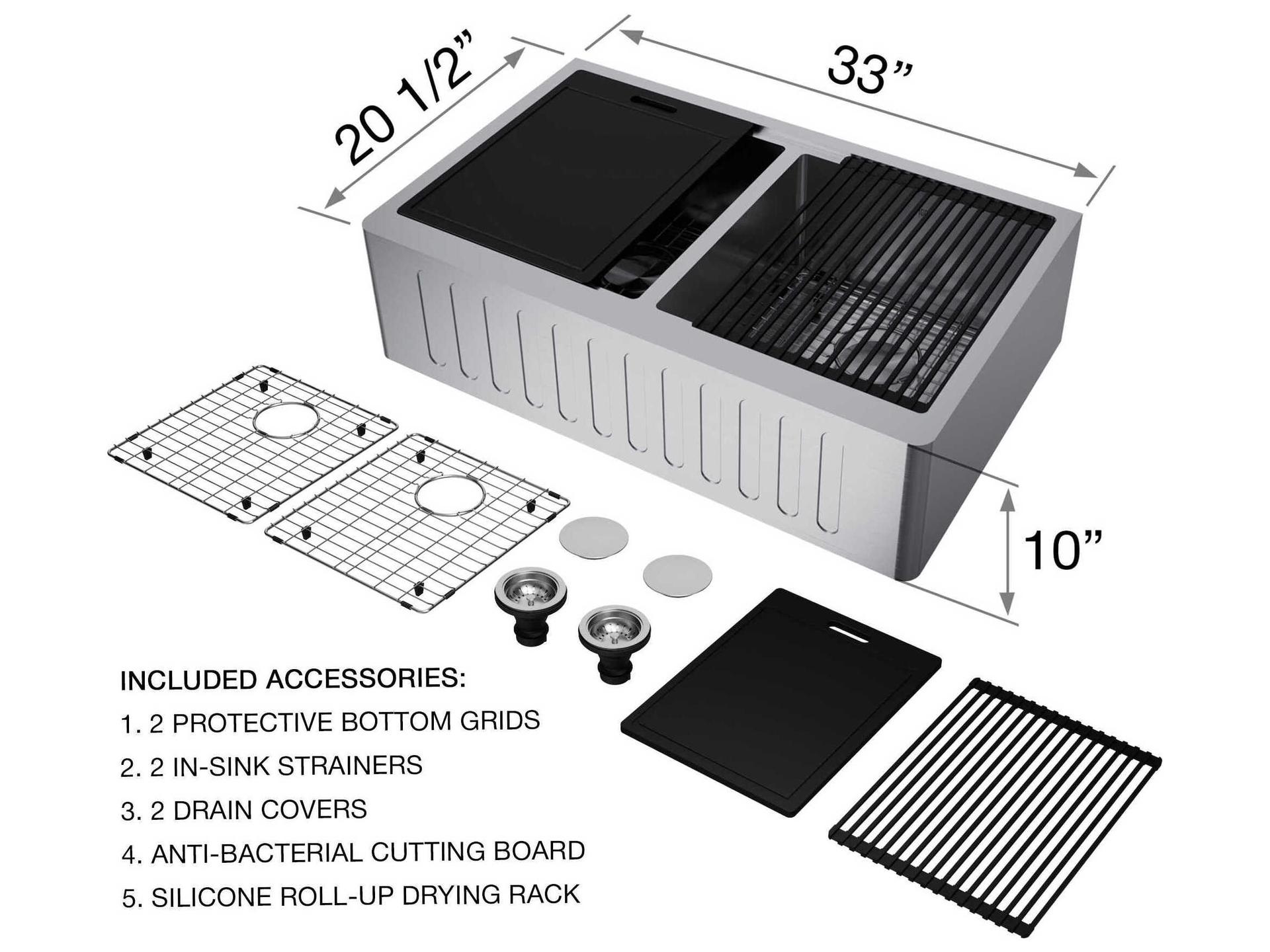 Vigo Oxford Stainless Steel 33" Rectangular Double-Bowl Farmhouse Kitchen Sink with Matte Gold / Matte Black Faucet