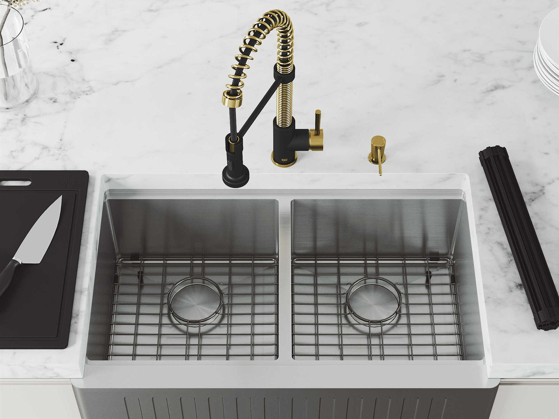 Vigo Oxford Stainless Steel 33" Rectangular Double-Bowl Farmhouse Kitchen Sink with Matte Gold / Matte Black Faucet