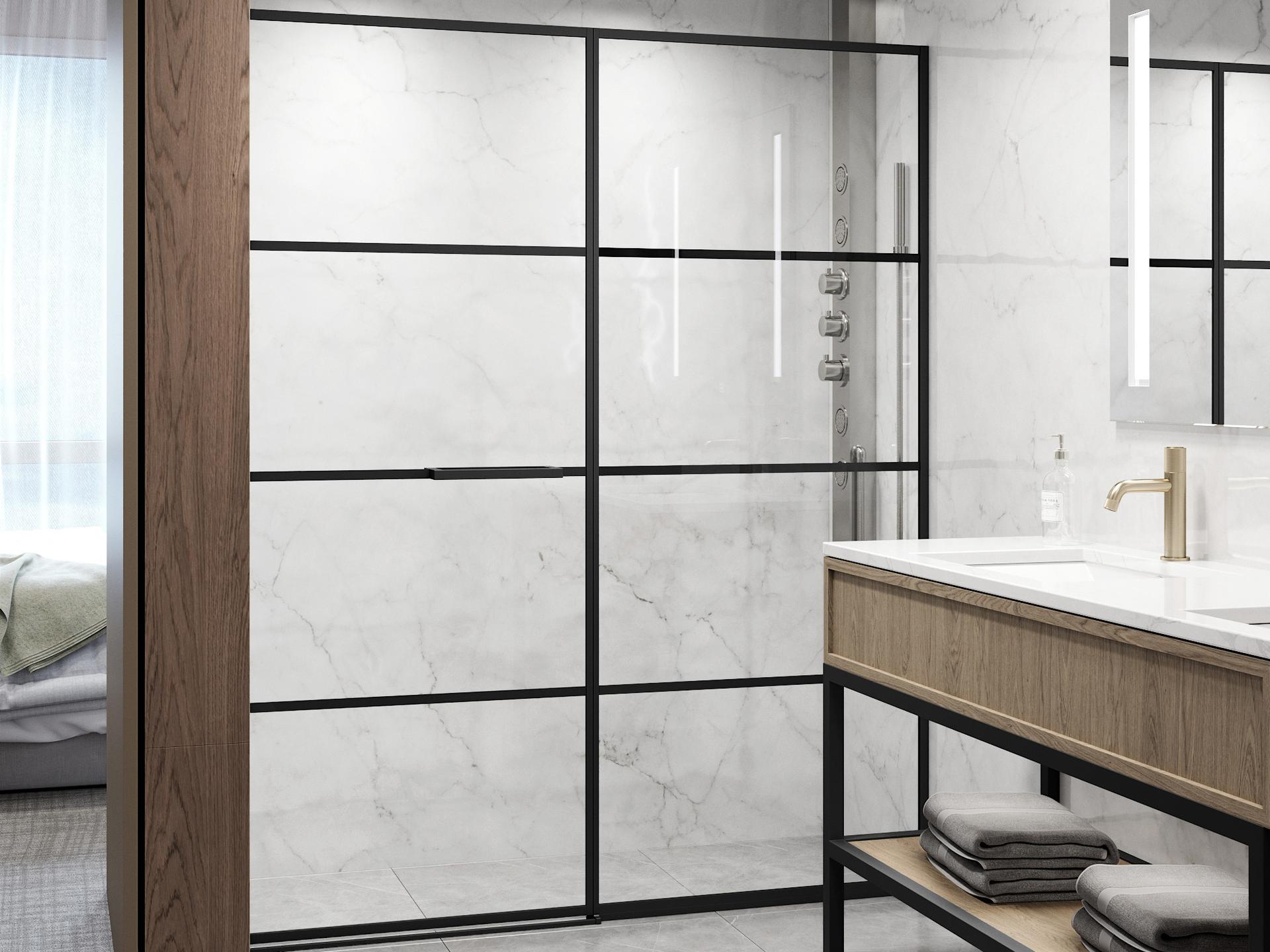 Vigo Meridian Clear Grid Glass Matte Black Hinged Shower Door