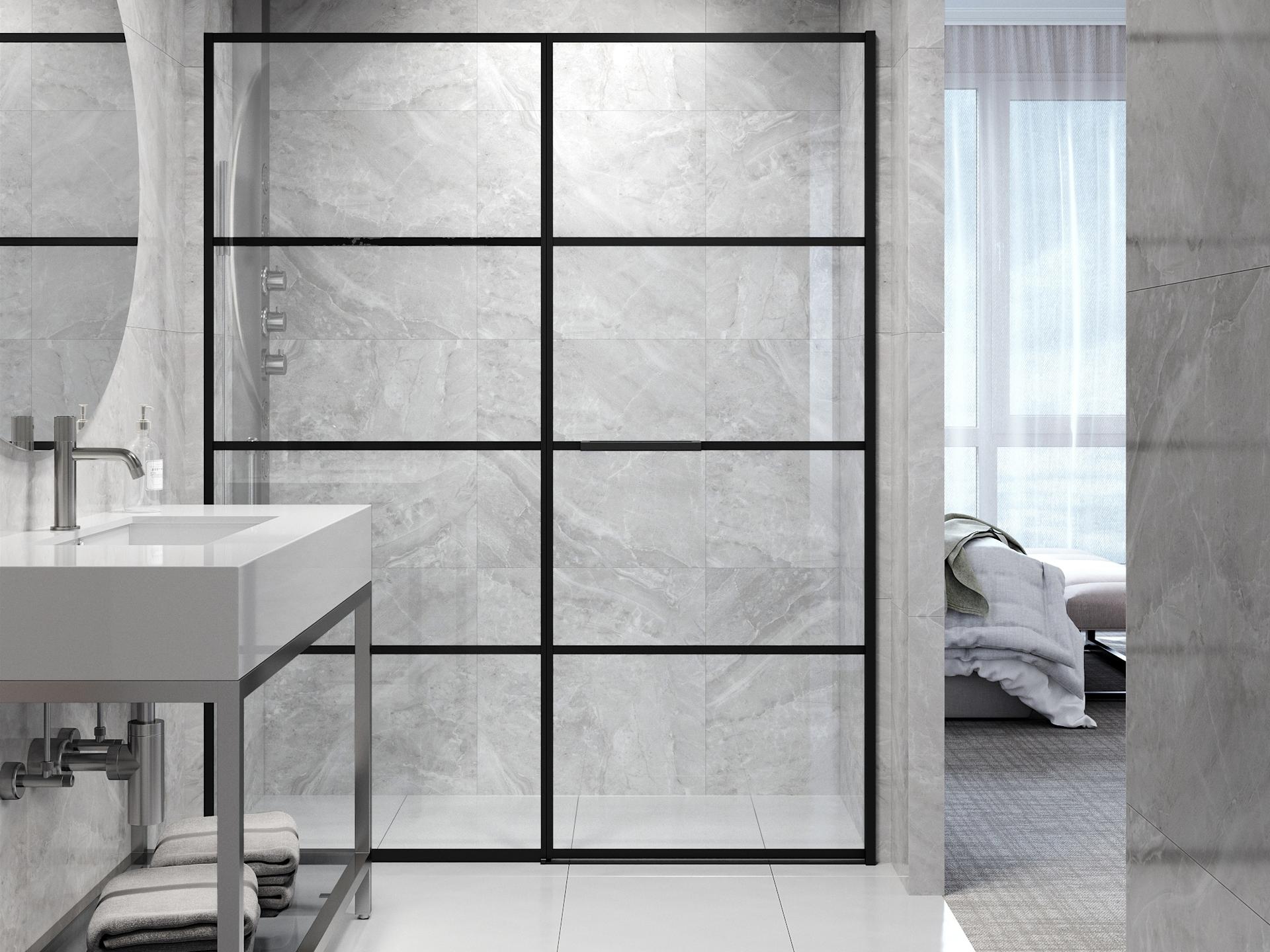 Vigo Meridian Clear Grid Glass Matte Black Hinged Shower Door