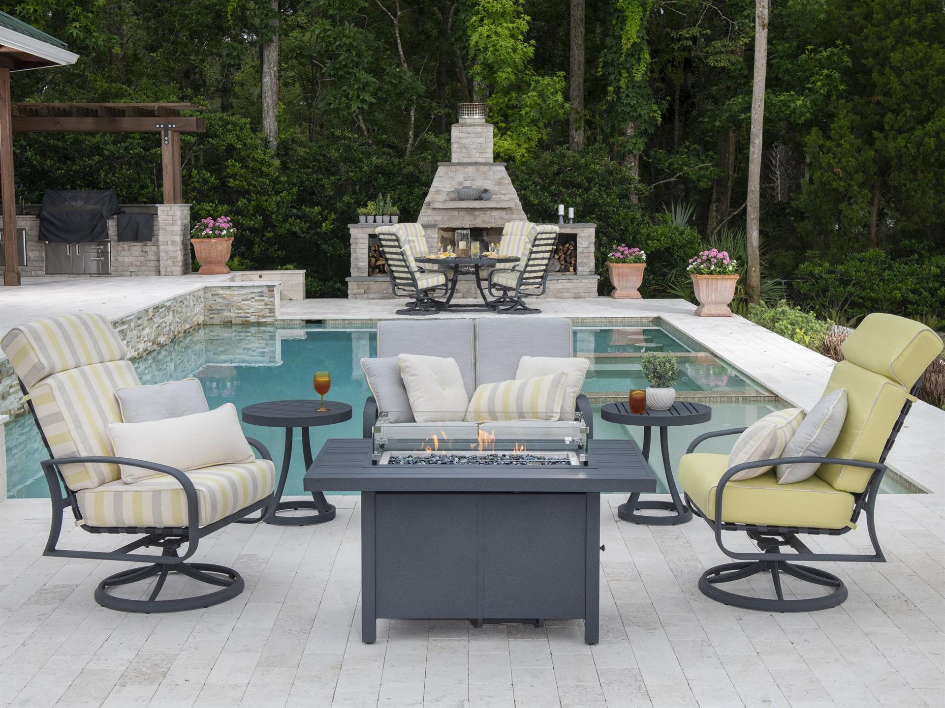 Woodard Cayman Isle Cushion Aluminum Fire Pit Patio Lounge Set