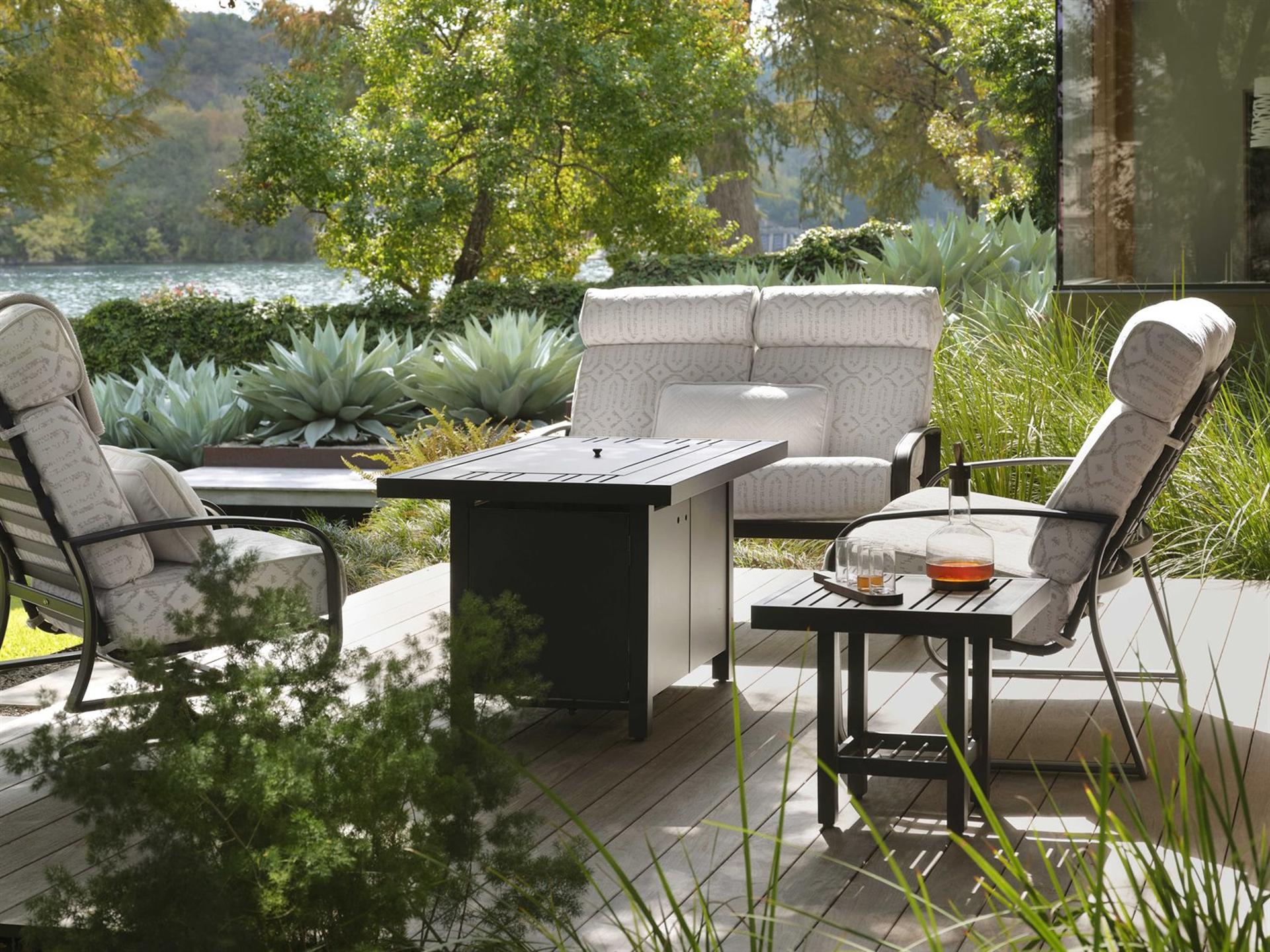 Woodard Cayman Isle Cushion Aluminum Fire Pit Outdoor Lounge Set