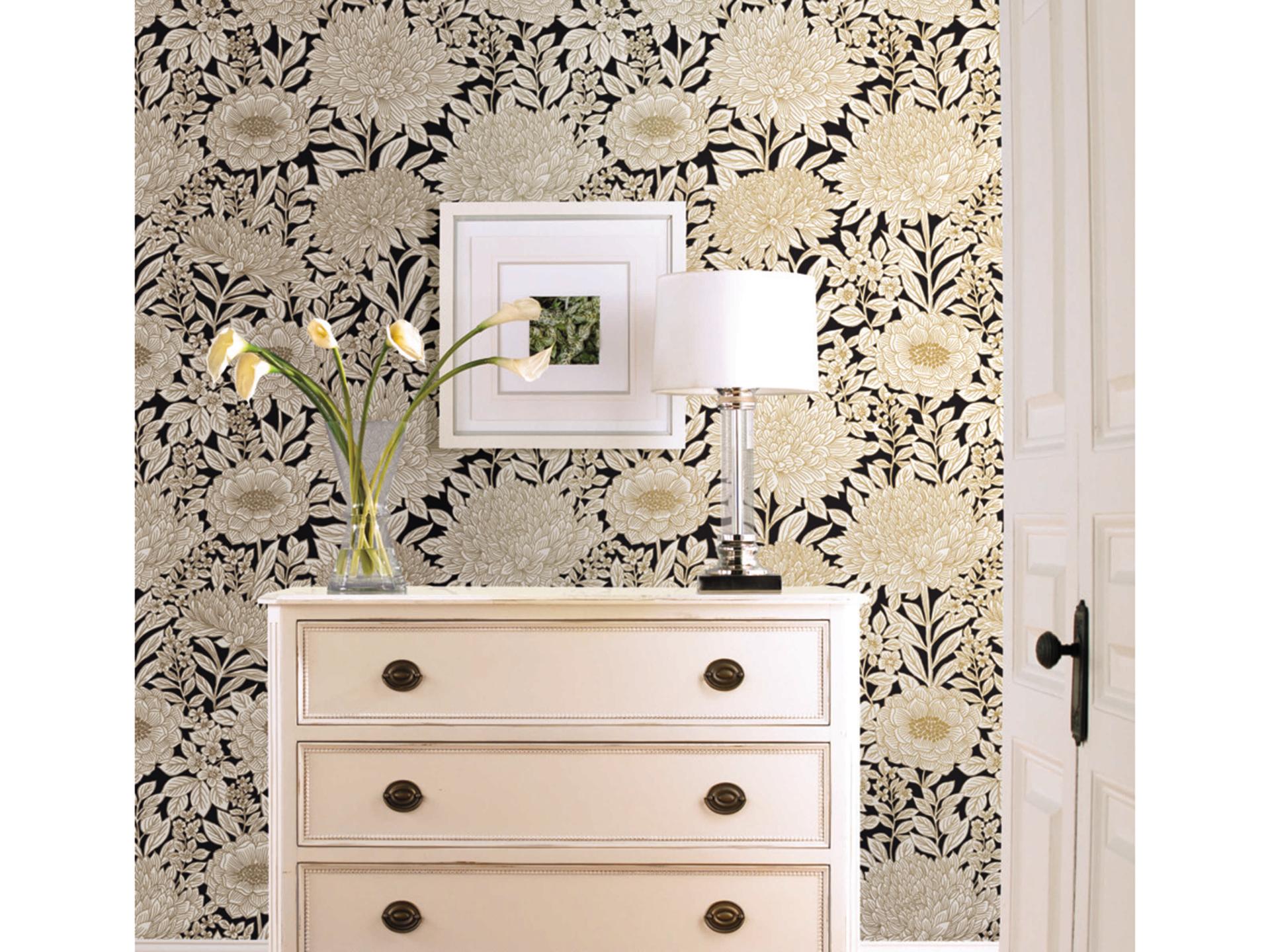 Wood Block Blooms Prepasted Wallpaper in Black and Gold