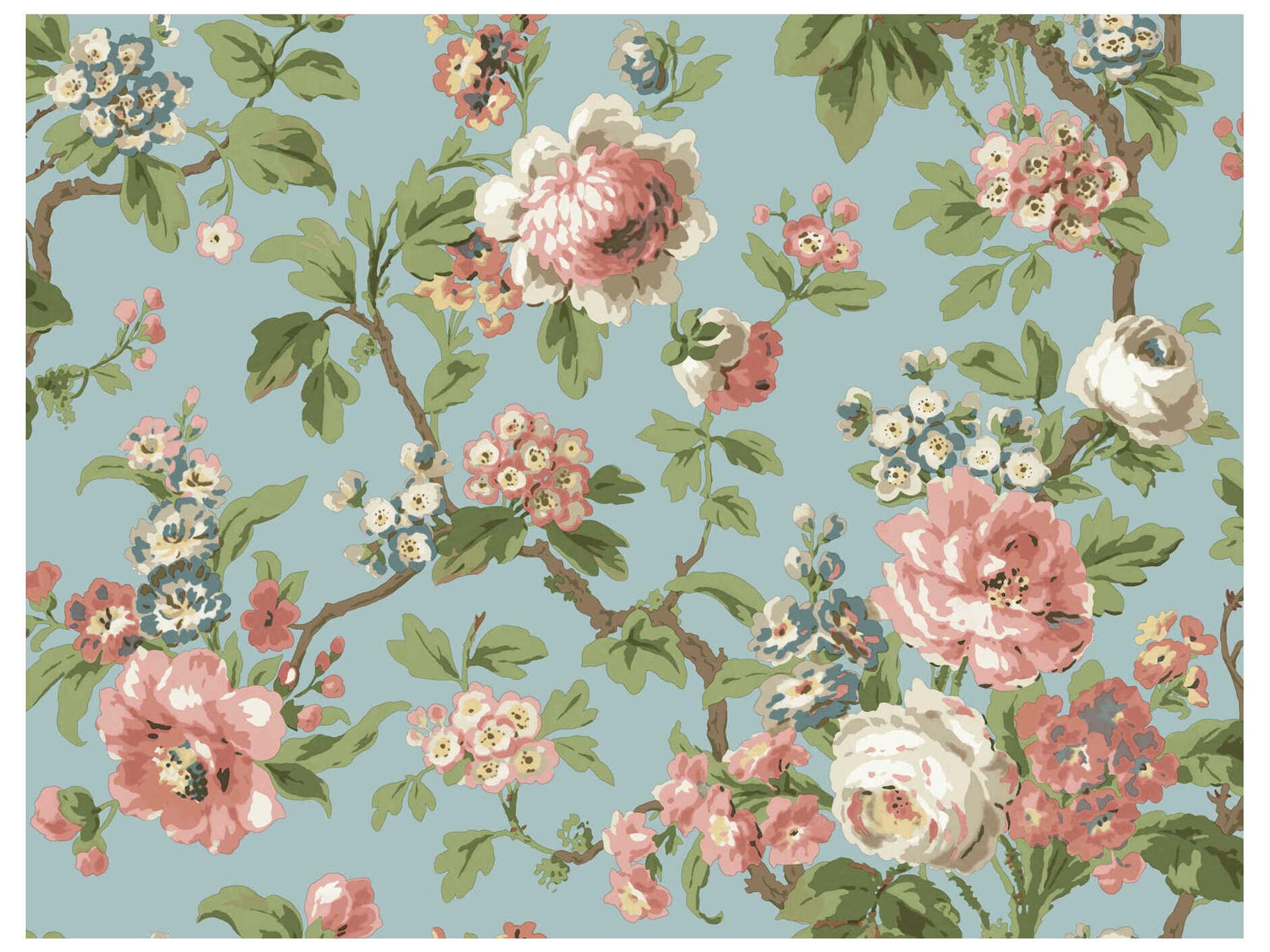 Beatrix Sky Blue Vintage Floral Unpasted Wallpaper
