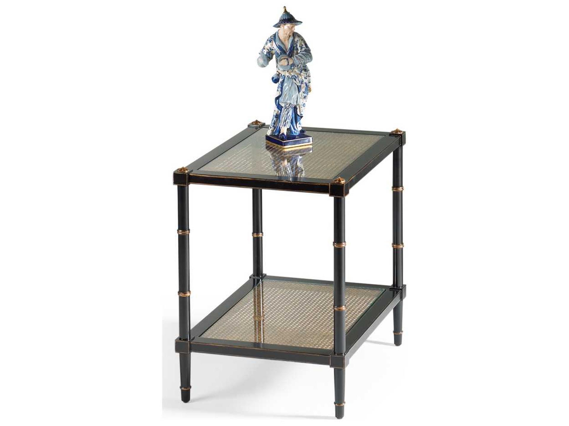 Conner Caned End Table with Glass Top and Shelf in Black Poplar