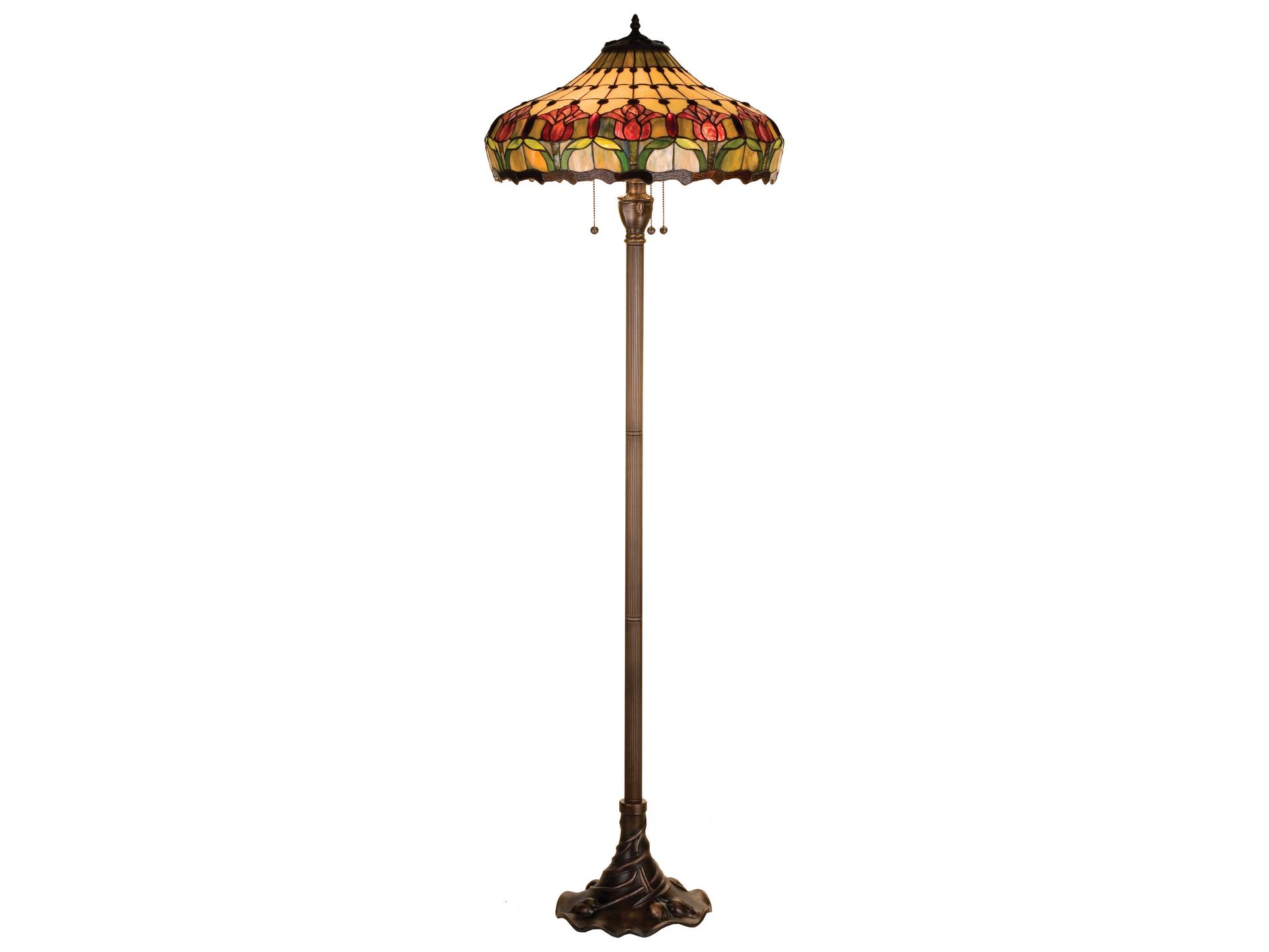 Tiffany Colonial Tulip 3-Light Stained Glass Floor Lamp Mahogany Bronze