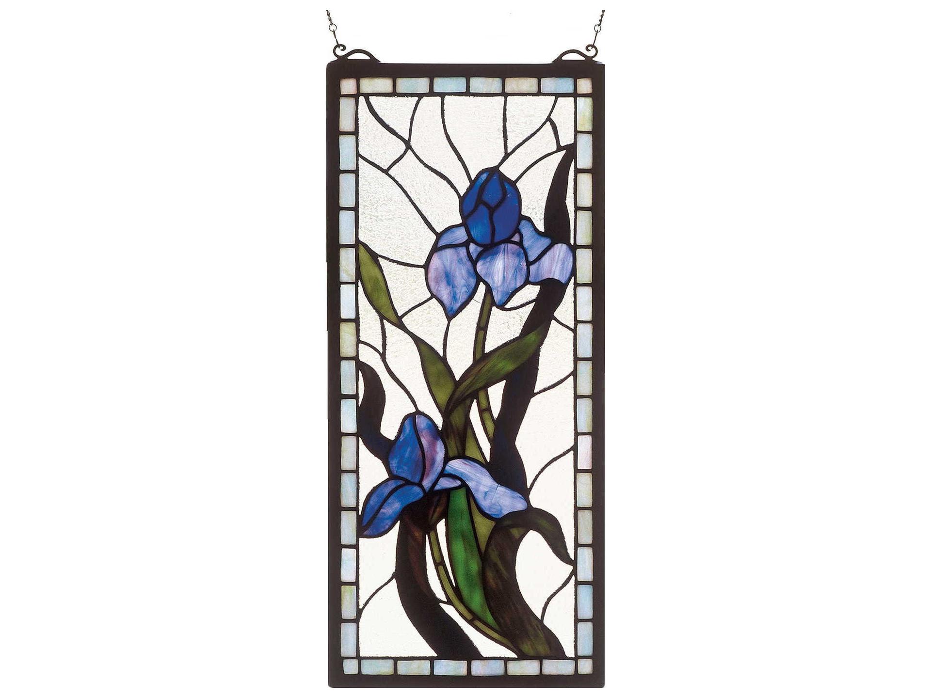 Tiffany Iris Stained Glass Window with Floral Design