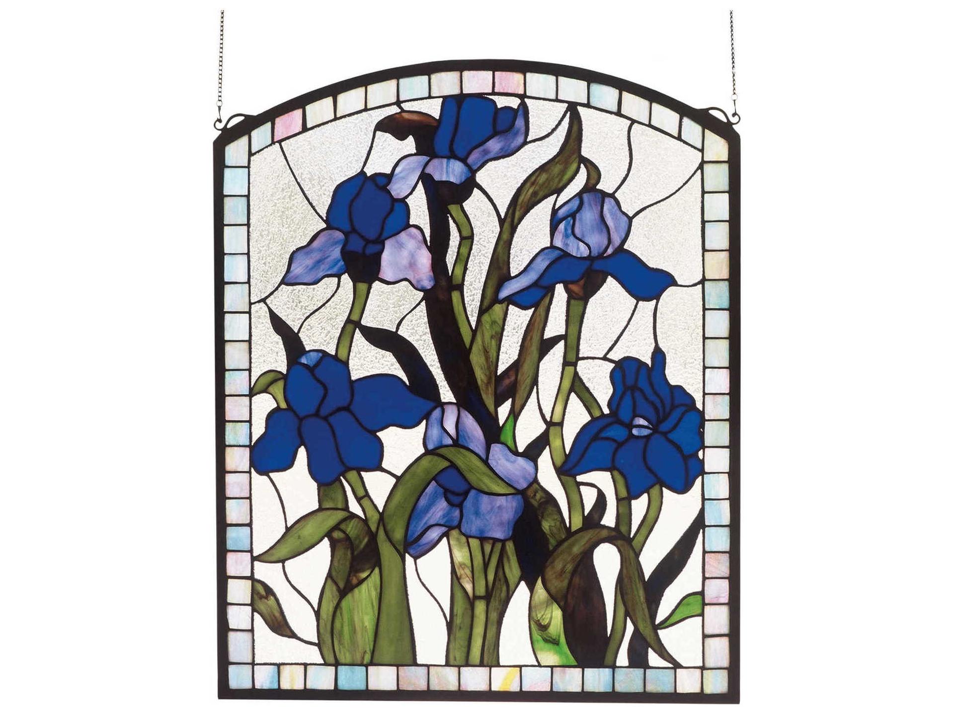 Tiffany Iris 20-Inch Arched Stained Glass Window Panel in Purple and Green