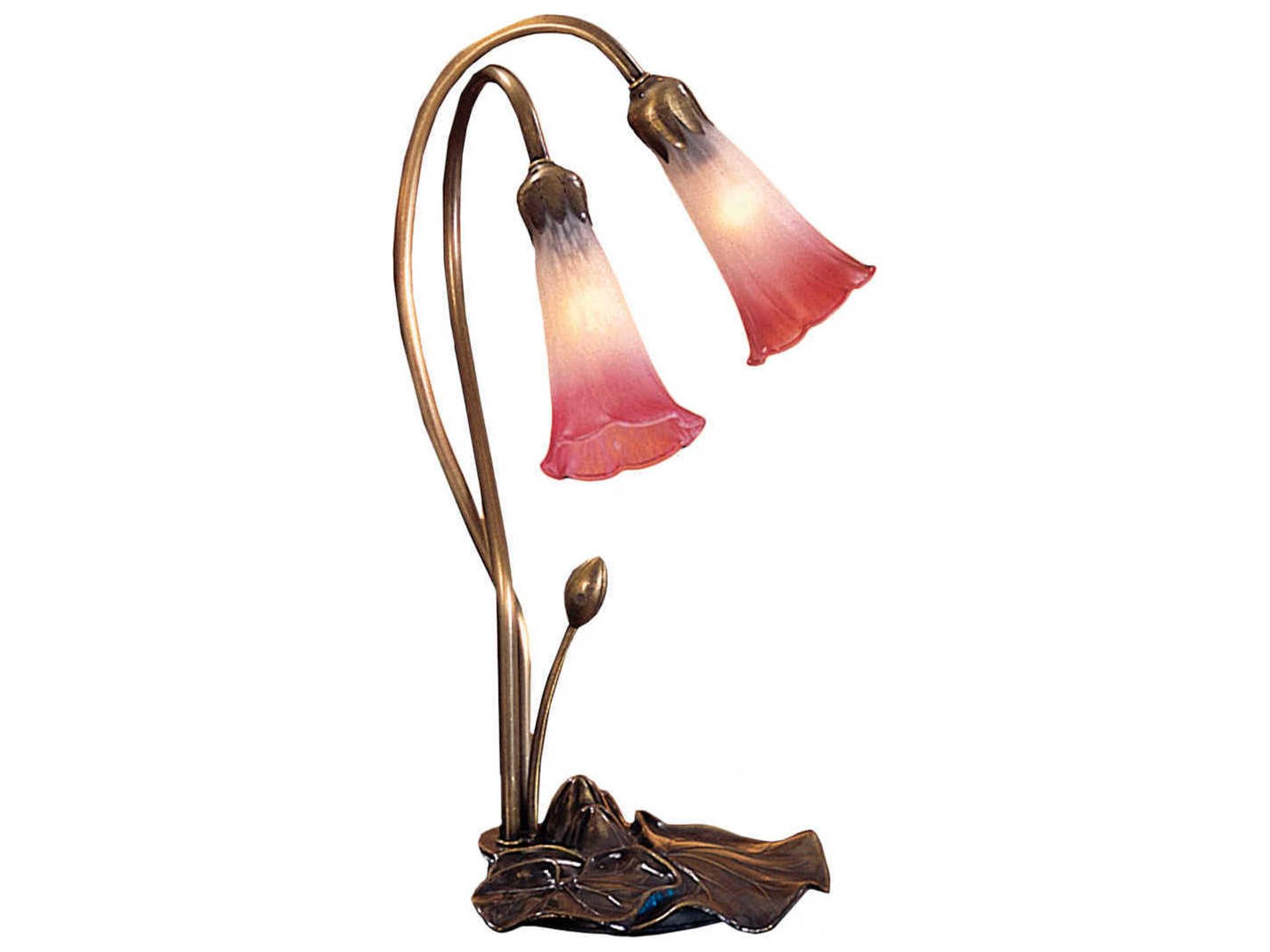 Tiffany Pink White Pond Lily 2-Light Stained Glass Table Lamp Mahogany Bronze