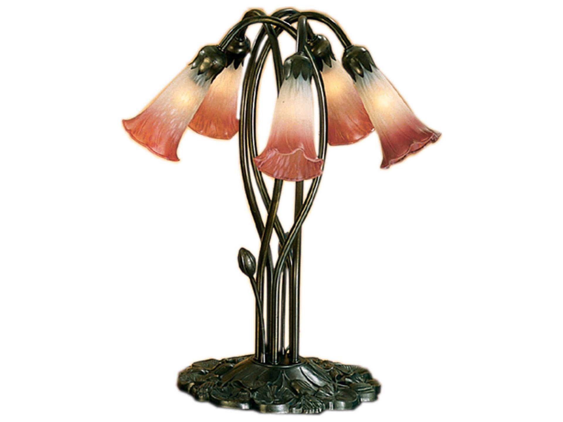 Tiffany 5-Light Pond Lily Table Lamp in Mahogany Bronze with Pink White Art Glass