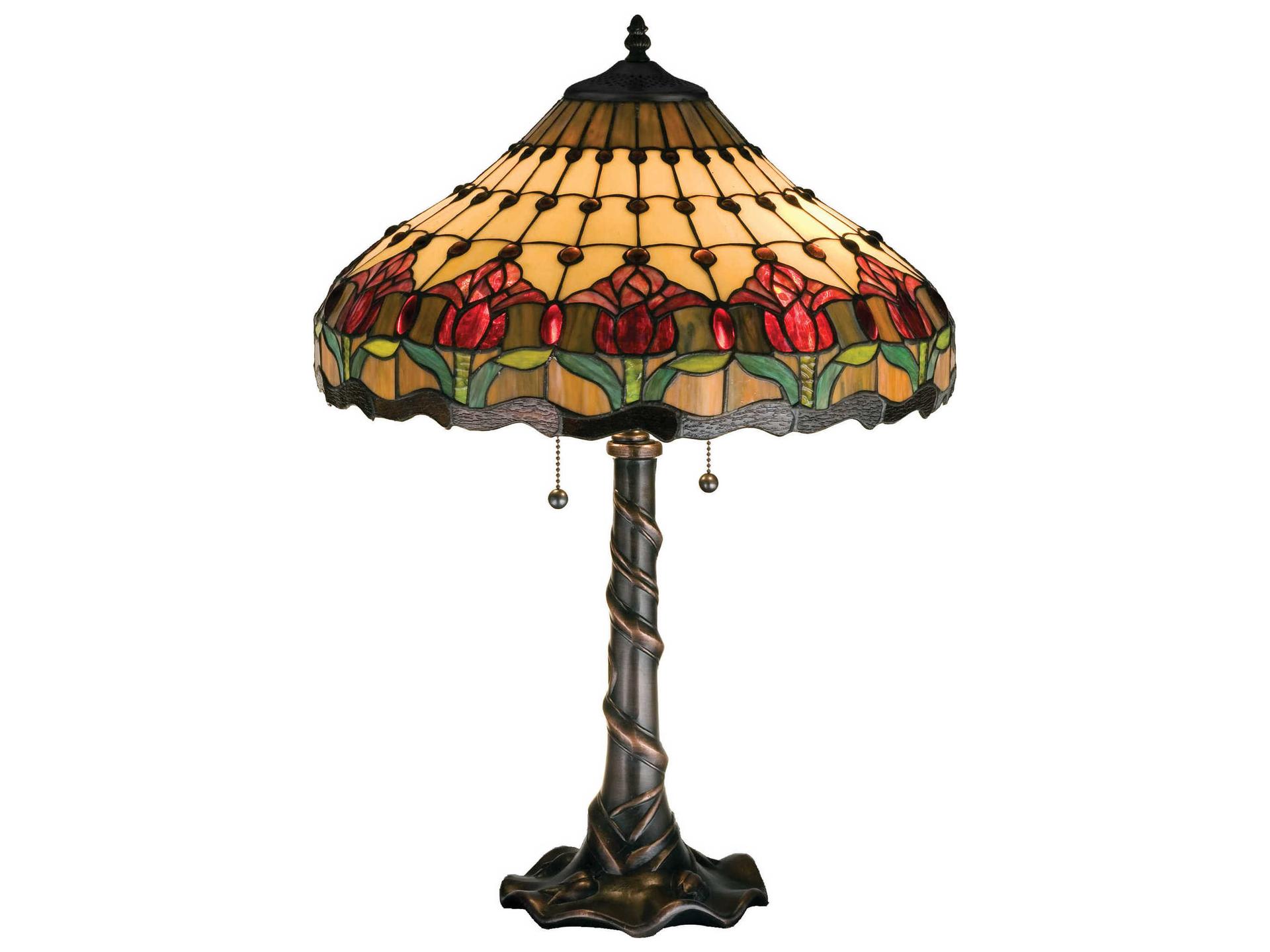Colonial Tulip 2-Light Tiffany Table Lamp in Mahogany Bronze