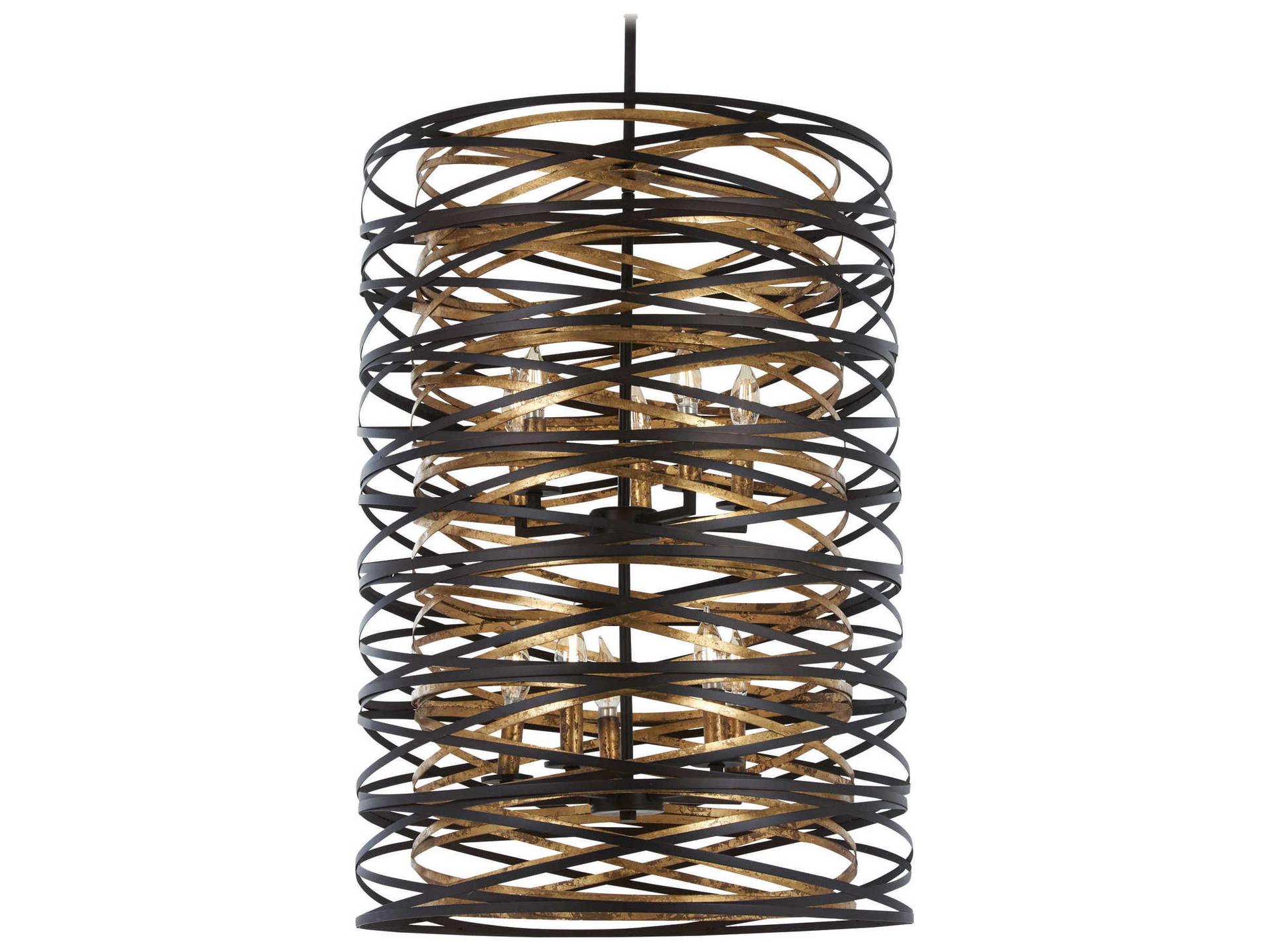 Vortic Flow 10-Light Tall Pendant Light in Dark Bronze with Mosaic Gold