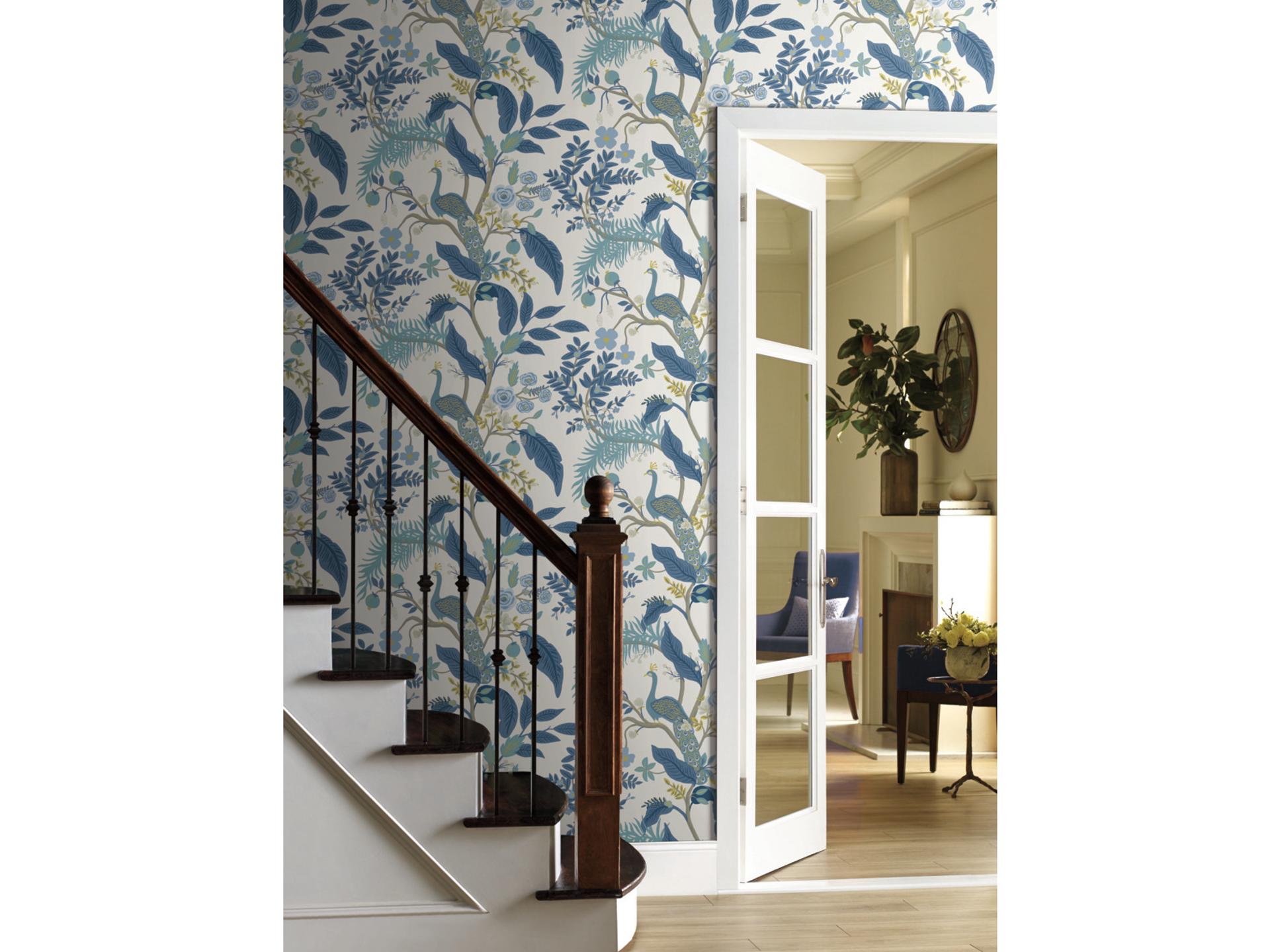 Rifle Paper Co Peacock Blue and White Wallpaper Unpasted