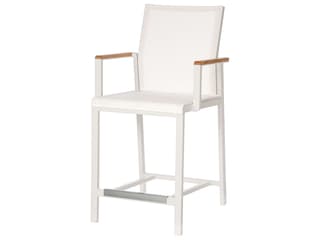 Aura Counter Height Armchair - Arctic White Aluminum Frame - Natural Teak Arms - Pearl Textilene Sling