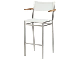 Barlow Tyrie Equinox Bar Stool - Natural Teak Arms - Pearl Textilene Sling