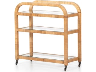 Four Hands Grass Roots Wood Brown Wrapped Honey Rattan Tempered Glass Bar Cart