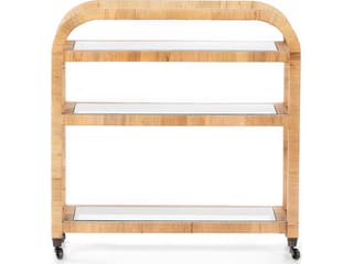 Four Hands Grass Roots Wood Brown Wrapped Honey Rattan Tempered Glass Bar Cart