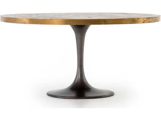 Four Hands Hughes Evans Round Metal Vessel Grey Polished Brass Light Burnt Oak Dining Table
