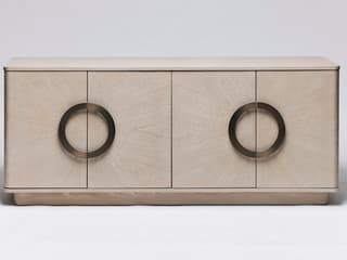 Interlude Home Cabot 71" Oak Wood Cliffside Grey Brushed Steel Credenza Sideboard