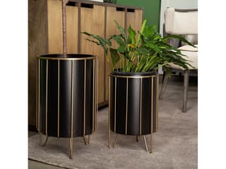 Mercana Pianta 13 x 21 Set of Two Black Metal Insert Brass Frame Plant Stands