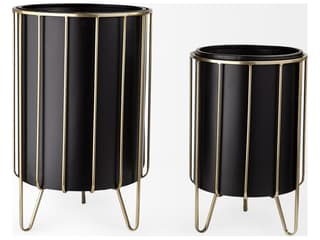Mercana Pianta 13 x 21 Set of Two Black Metal Insert Brass Frame Plant Stands